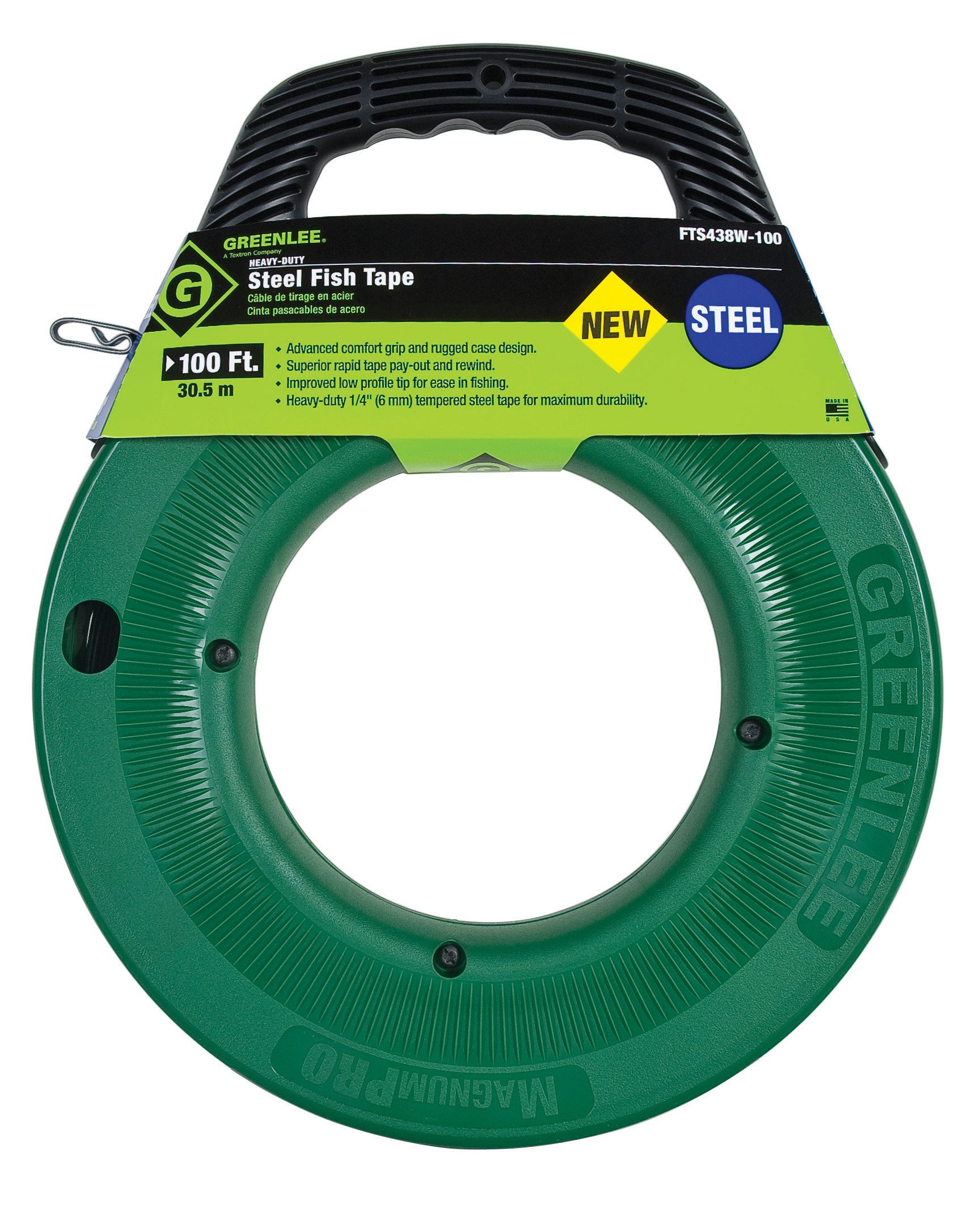 Greenlee FTS438W-100 1/4-Inch x 100-Feet Steel Fish Tape for Electrical Wiring - Professional Electrician Tool for Pulling Wires Through Conduit & Tight Spaces