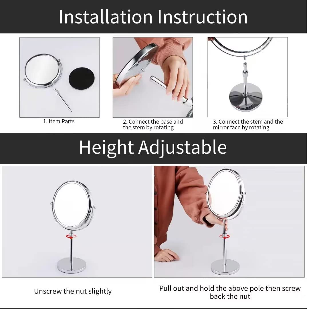 Premium 8 Inch Double-Sided Makeup Mirror with 7X Magnification - Adjustable Height Vanity Mirror for Makeup, Shaving & Skincare - Chrome Finish Tabletop Mirror for Bathroom, Bedroom & Dressing Room