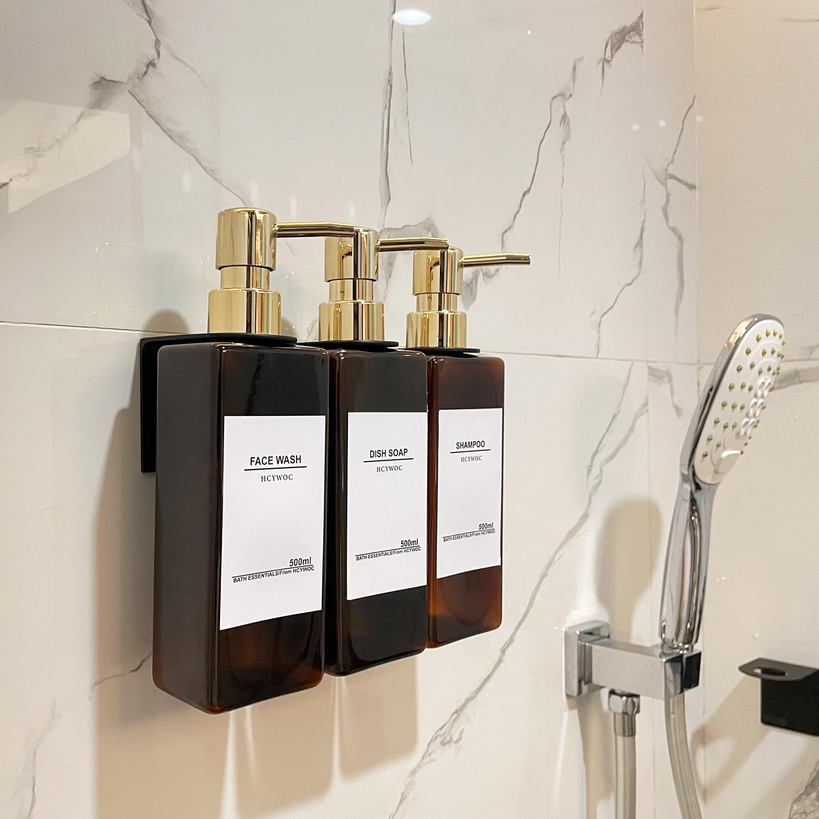Wall Mounted Shampoo and Conditioner Dispenser for Shower - 3 Chamber No Drill Bathroom Soap Dispenser with 16 Waterproof Labels, 17oz Capacity in Gold Amber - Perfect for Spa-Like Showers, Guest Bathrooms & Organized Family Bathrooms