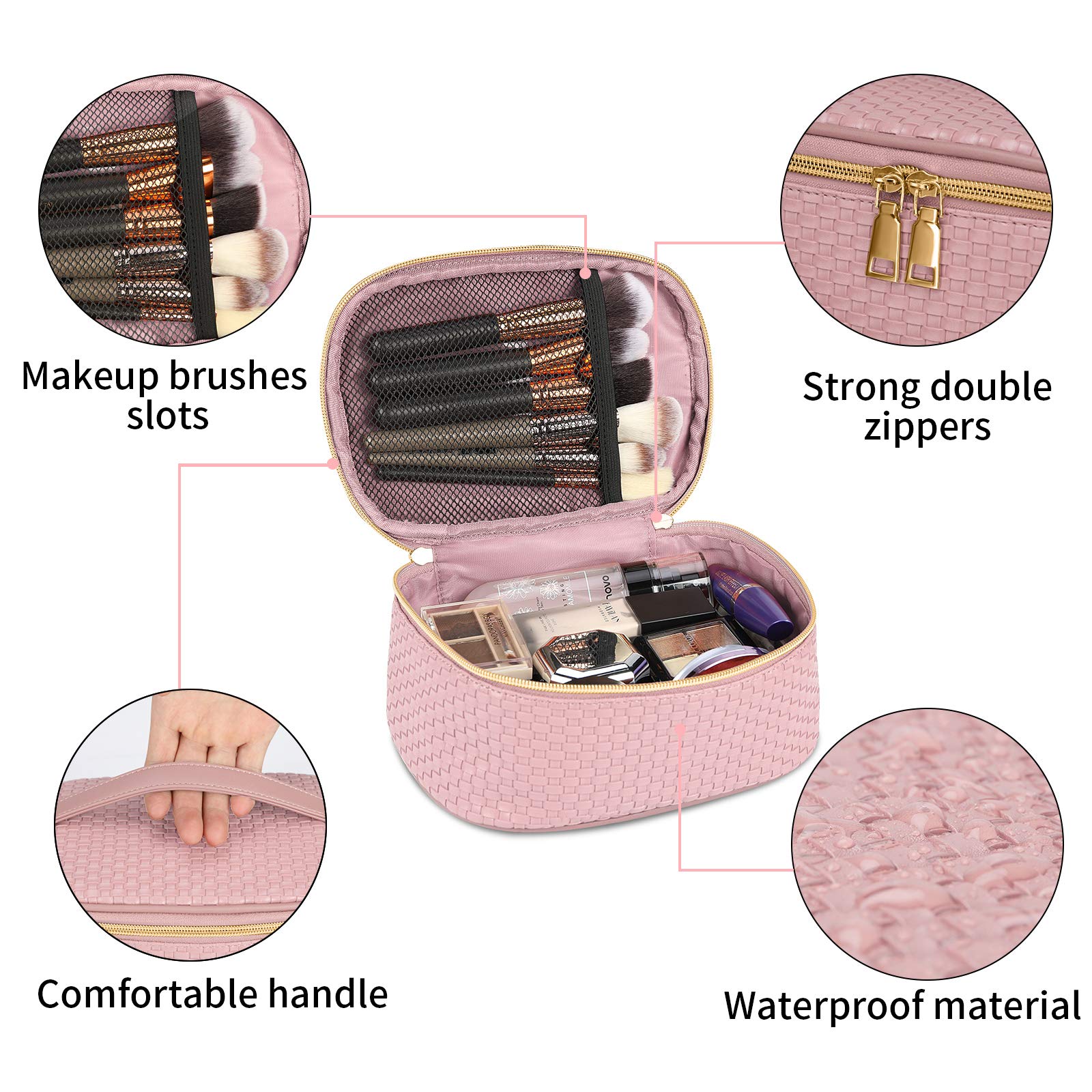 KTMOUW 3-Piece Waterproof Makeup Bag Set - Portable Travel Cosmetic Organizer with Multifunctional Storage | Pink Weave Toiletry Bags for Women | Perfect for Travel, Gym & Daily Beauty Essentials