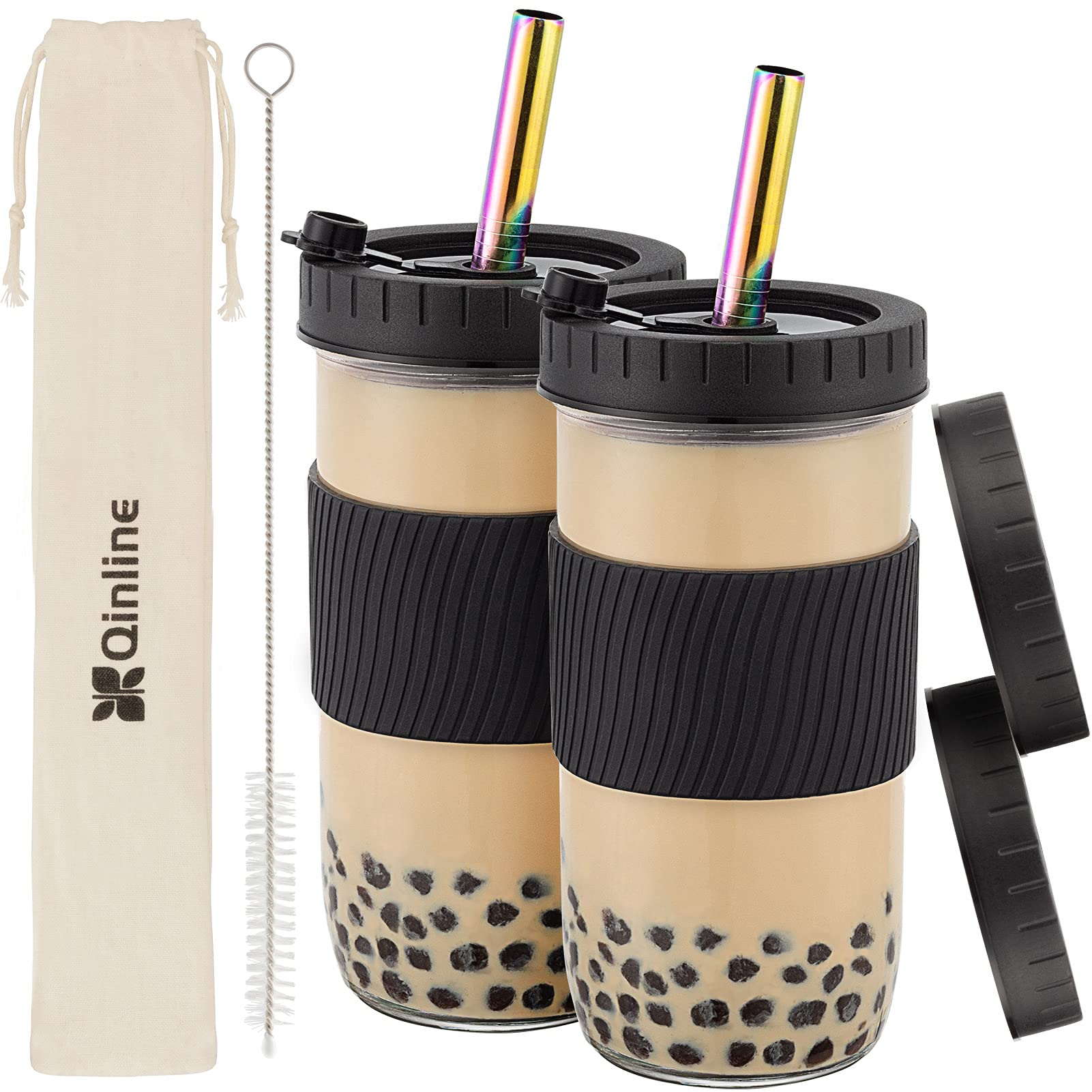 Reusable 24oz Glass Mason Jars with Lids & Straws - 2 Pack Wide Mouth Smoothie Cups, Bubble Tea Tumblers with Silicone Sleeves - Leakproof Drinking Glasses for Travel, Birthday Gifts & Large Pearl Boba - Perfect for Smoothies, Iced Coffee, Juice and On-the-Go Hydration