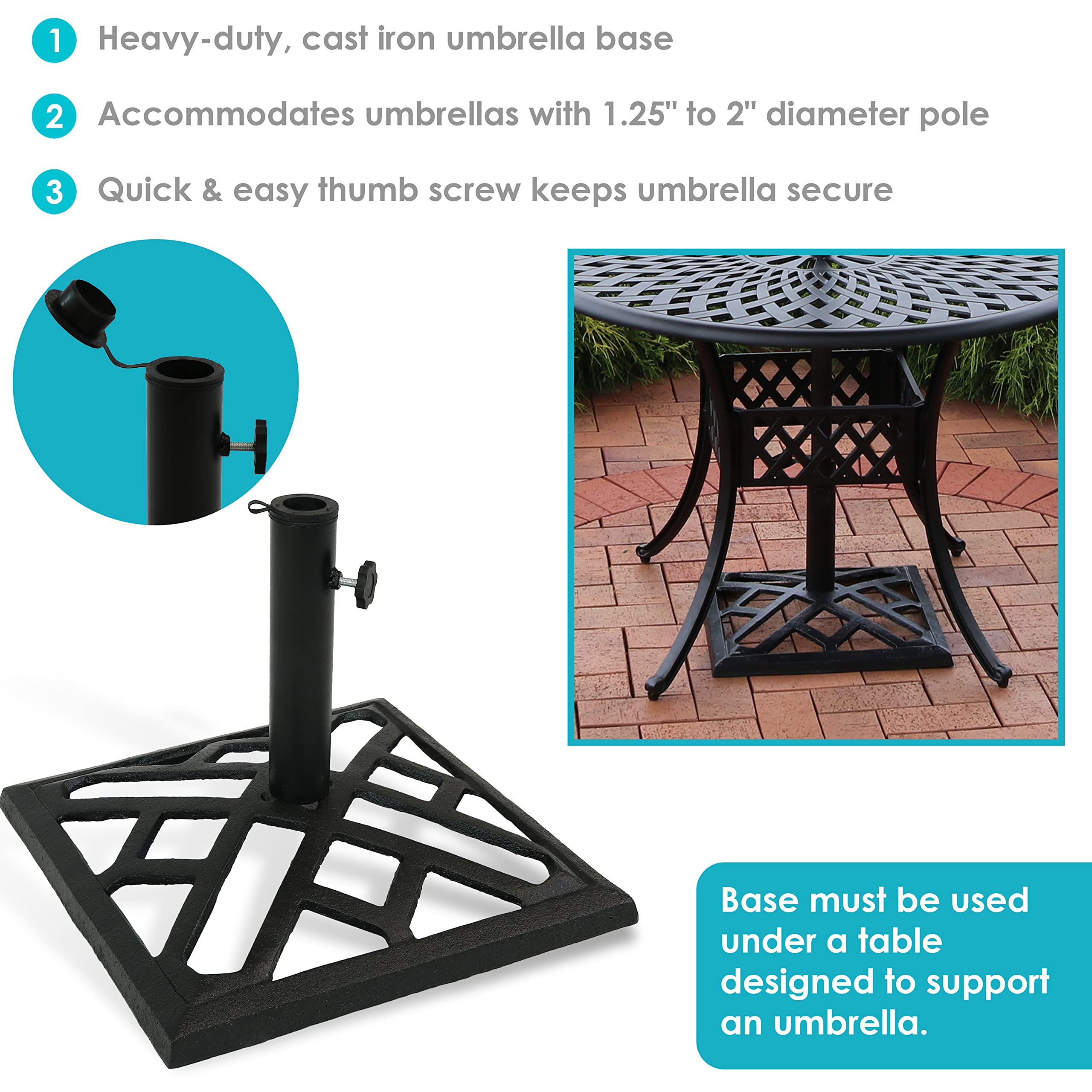 Sunnydaze 17-Inch Square Cast Iron Patio Umbrella Base Stand - Heavy Duty Geometric Design Outdoor Weighted Stand for Market Umbrellas - Perfect for Poolside, Garden, Deck, and Backyard Use