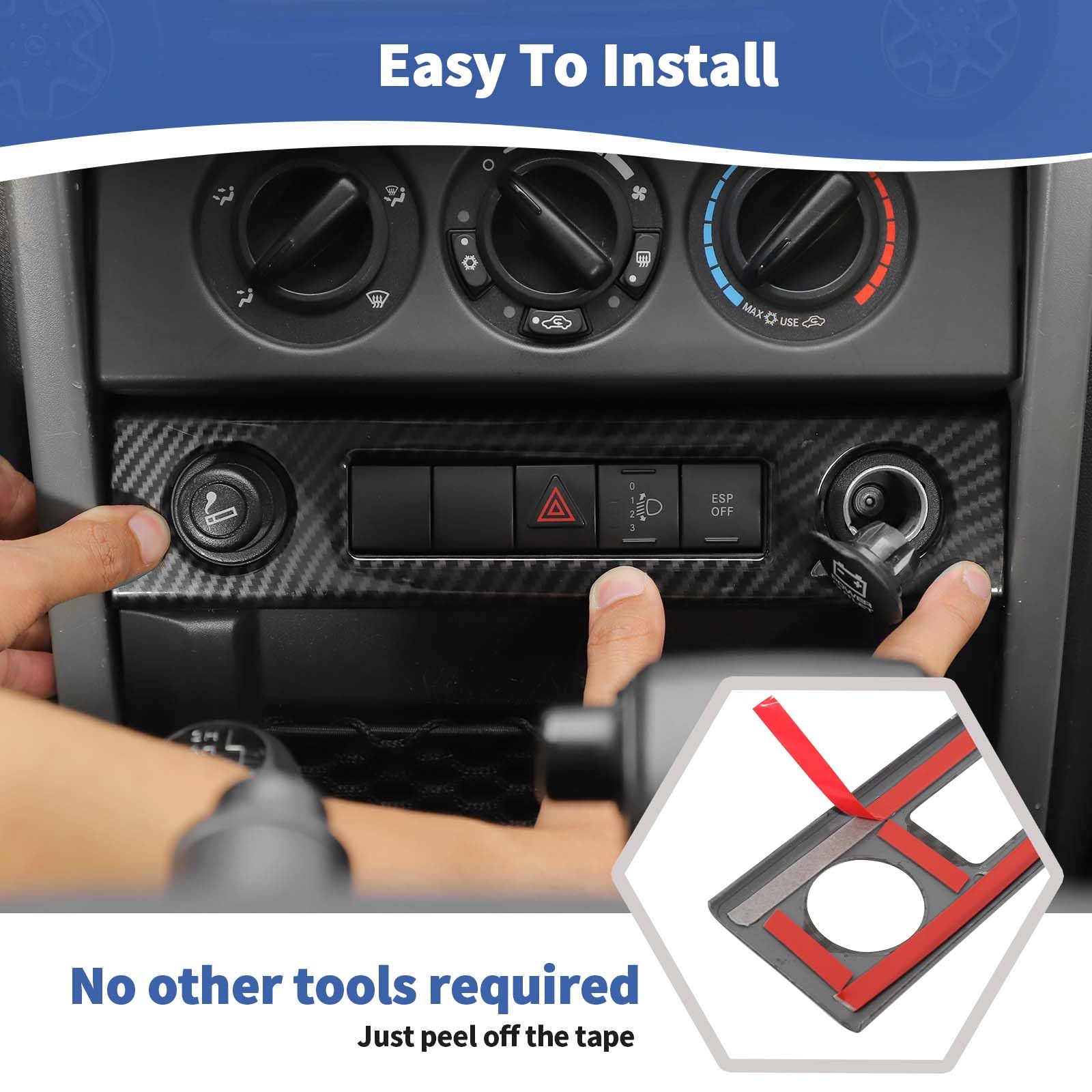 Jeep Wrangler JK Dashboard Center Console Control Panel Trim Cover (2007-2010 JK/JKU) - Black Carbon Fiber Grain Interior Accessory - Upgrade Your Jeep's Interior Style for Off-Road Adventures & Daily Driving