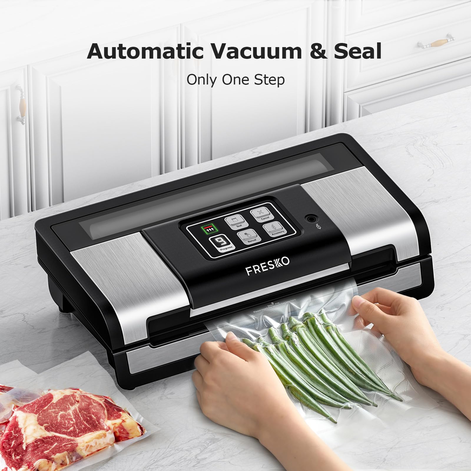 FRESKO Smart Vacuum Sealer Pro - Automatic Food Sealer Machine for Freshness Preservation | Dry & Moist Food Detection | Built-in Cutter & Roll Bags | Ideal for Meal Prep, Sous Vide, Freezer Storage & Leftover Saving