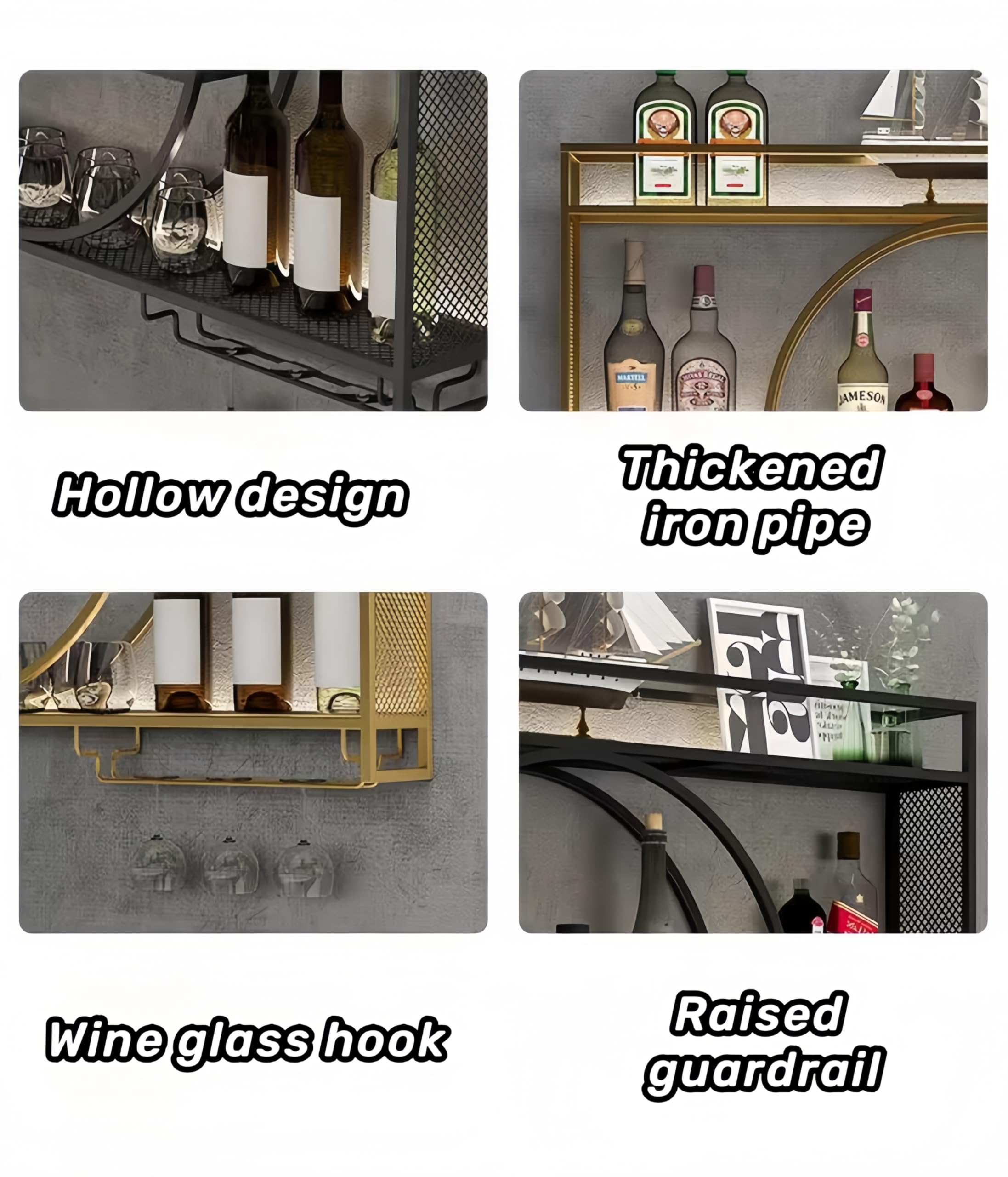 3-Tier Wall Mounted Metal Wine Rack with Glass Holder - Large Capacity Bar Shelves for Liquor Bottles - Perfect for Dining Room, Home Bar & Kitchen Decor (Black, 47 Inch) - Ideal for Wine Storage, Entertaining Guests & Space-Saving Organization