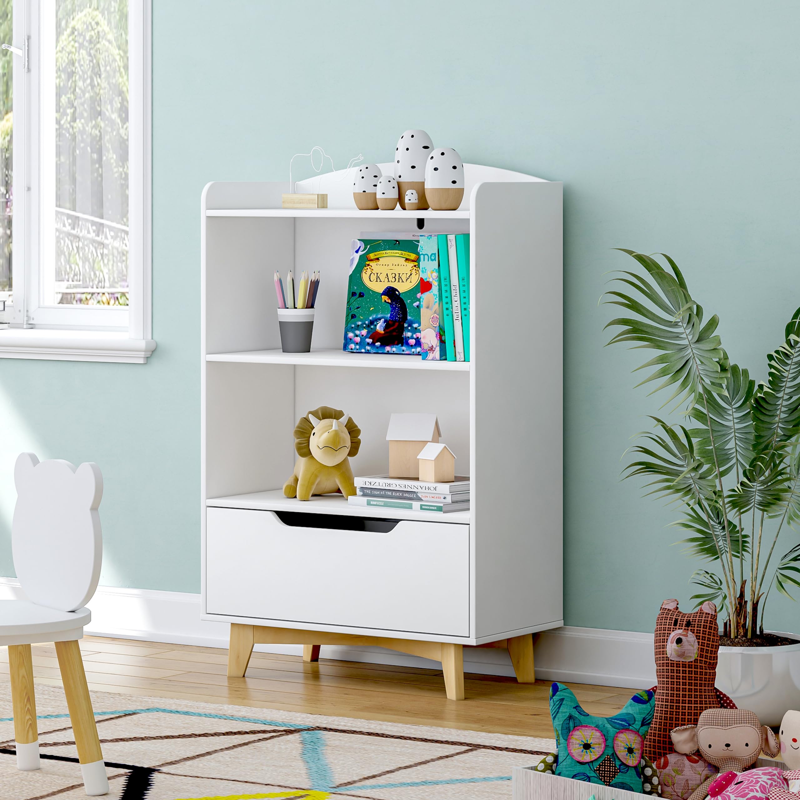 UTEX Kids Bookshelf with Storage Drawer - Wooden Toy Organizer for Playroom, Nursery, School - White | Perfect for Kids' Bedroom, Classroom & Daycare Storage