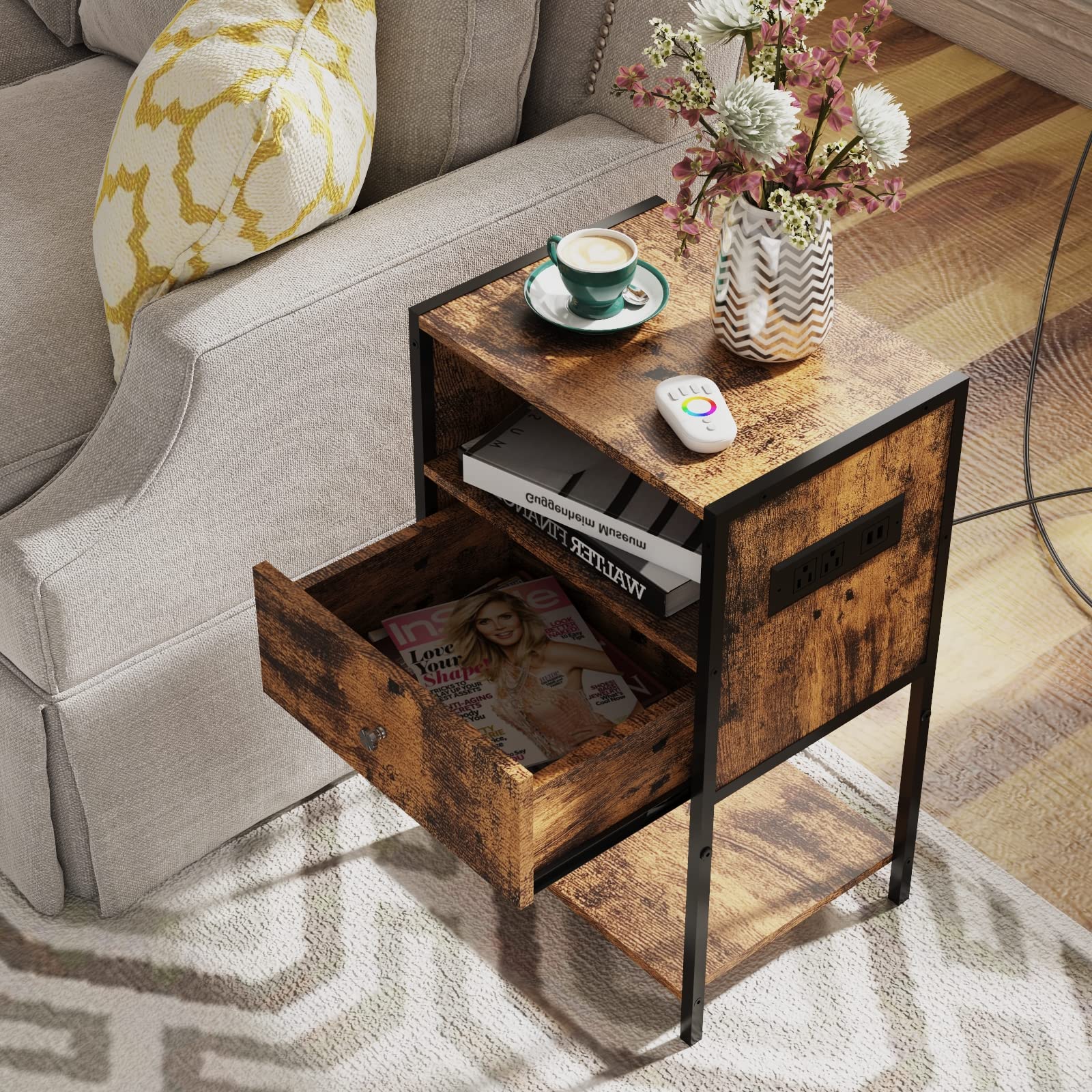 Modern Nightstand with USB Charging Station & Drawer - Rustic Brown Bedside Table with Open Storage Shelf - Perfect for Bedroom, Living Room or Office