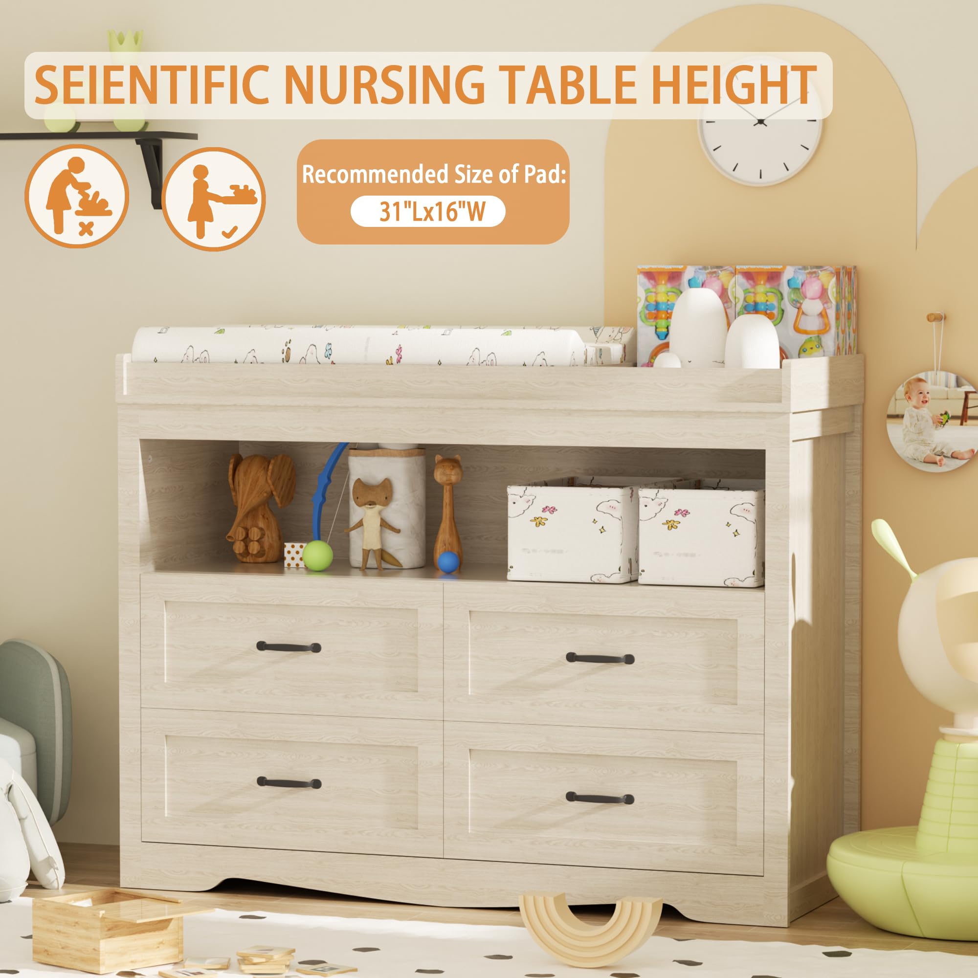 4-Drawer Baby Dresser with Changing Table Top & LED Light - Nursery Organizer with Open Storage, Diaper Changing Station - Perfect for Baby Rooms & Daycare Centers (Beige)