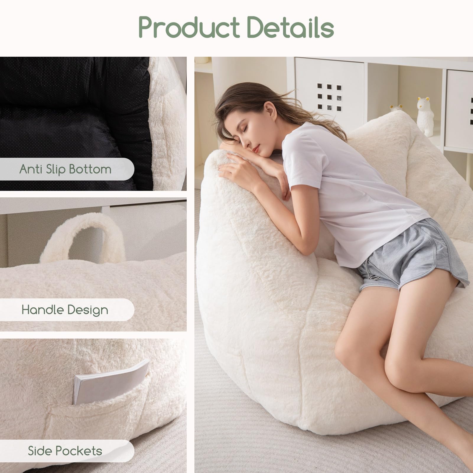 MAXYOYO Bean Bag Chair for Adults, Kids & Teens - Soft Floor Sofa with Handle for Gaming, Reading & Relaxing - Beige - Perfect for Living Room, Bedroom & Game Room