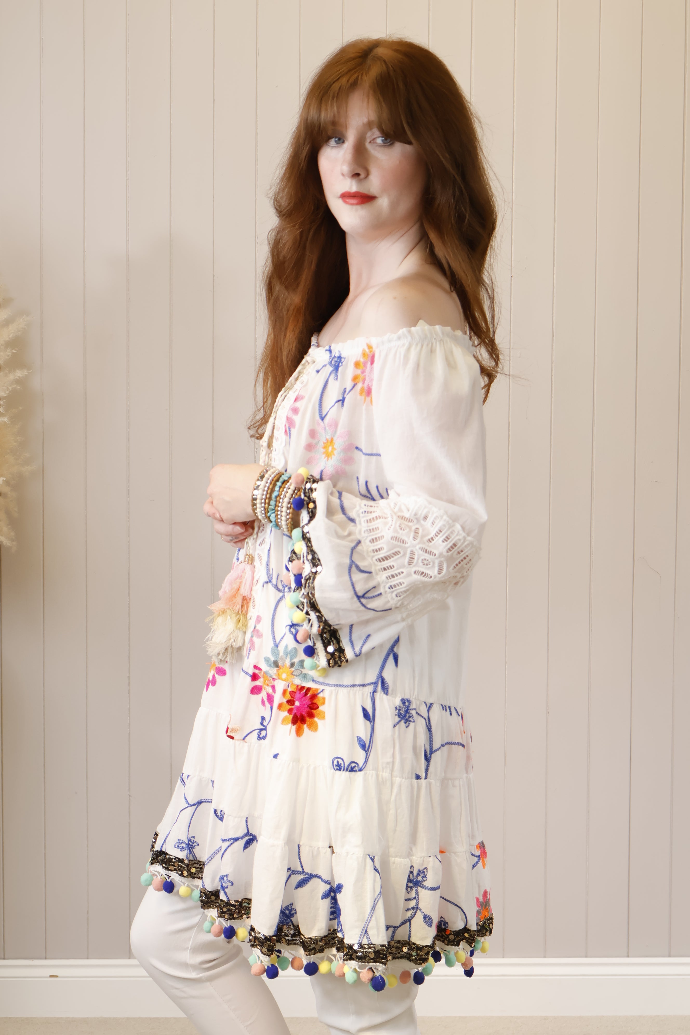 Neon Embroidered Pom Pom Tunic Top for Women - Boho Chic Summer Beach Cover Up & Festival Outfit