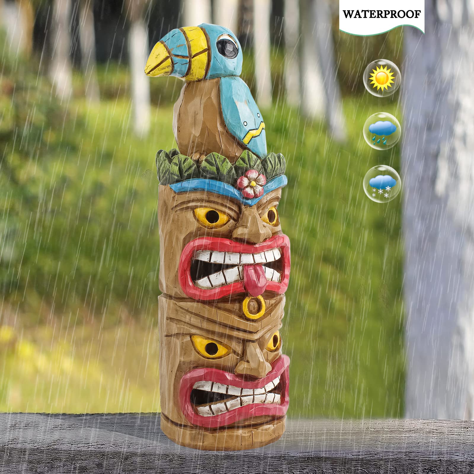 Solar-Powered Tiki Totem Pole - 12.32 Inch Tall Outdoor Tiki Decor for Tiki Bars, Patios, Balconies, Yards & Backyards - Perfect for Tropical-Themed Parties & Luau Decorations
