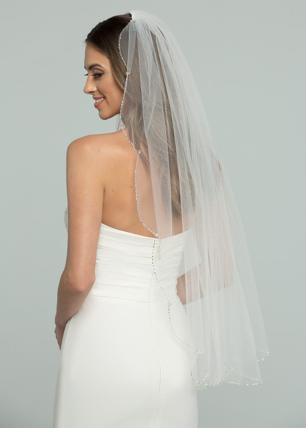 Elegant V1025 Fingertip Wedding Veil with Delicate Beading - Perfect for Bridal Gowns, Formal Dances & Special Occasions