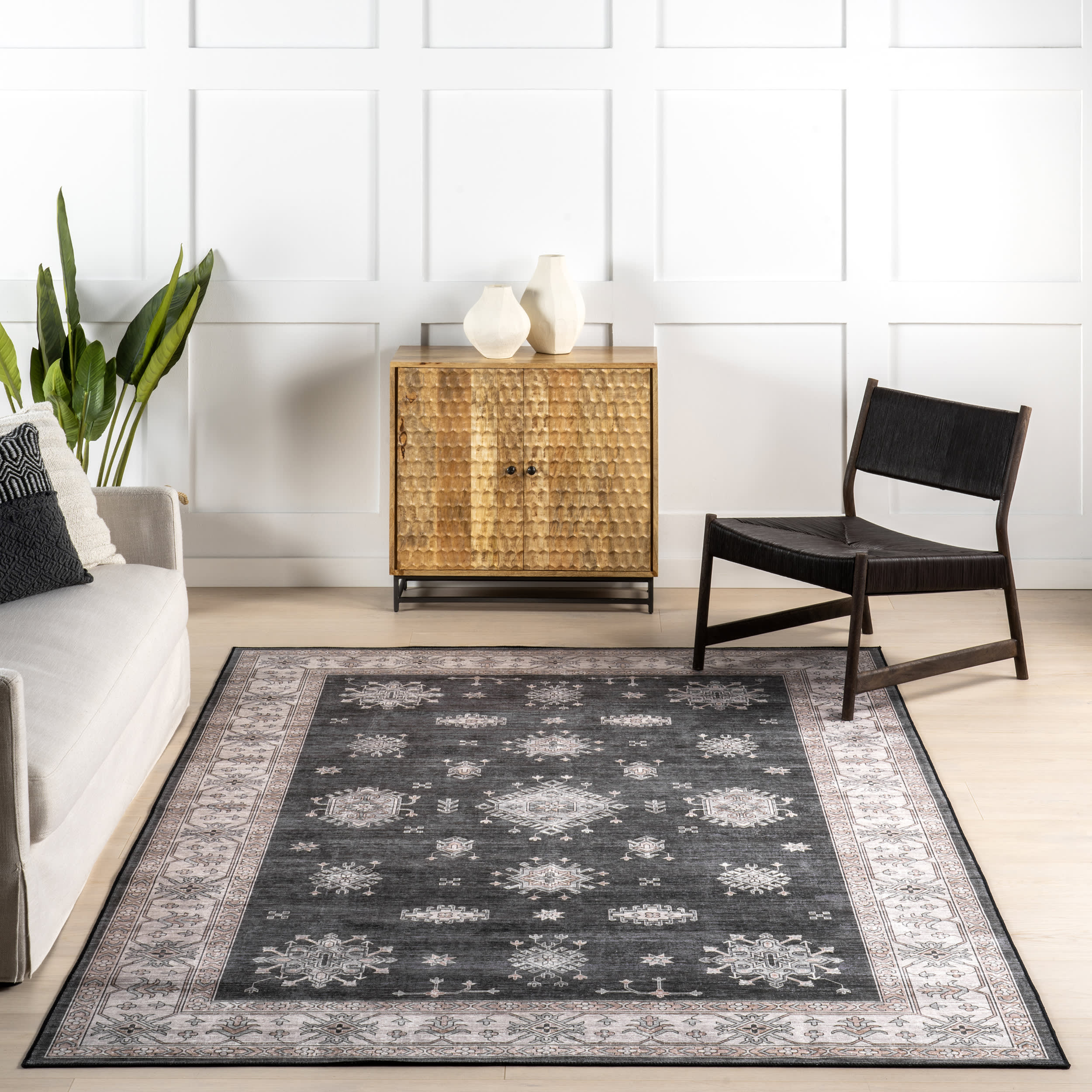 Andrea Bordered Spill Proof Washable Rug - Charcoal Grey | Non-Slip Kitchen & Living Room Rug for High Traffic Areas | Easy to Clean & Durable Home Decor