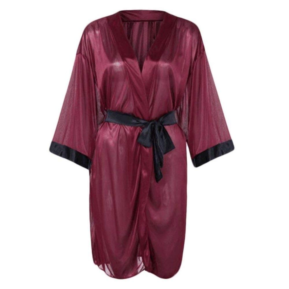 Sexy Women's Winter Bathrobe - Faux Silk Kimono Robe with G-String Sash | Translucent Sleepwear Set | Half Sleeve Short Nightgown | Perfect for Spa, Boudoir & Romantic Nights (Red)