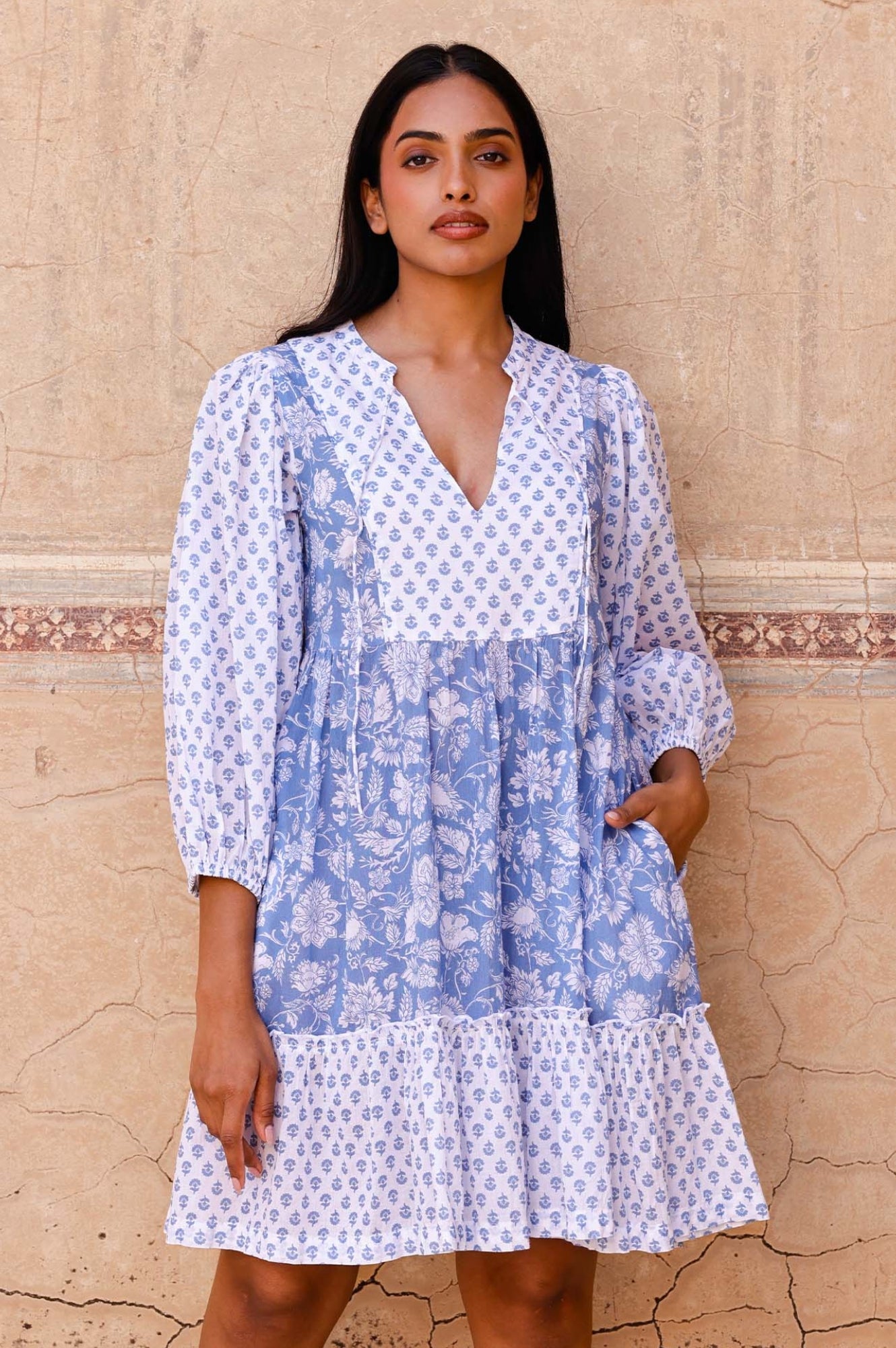 Marina Organic Cotton Print Mix Dress - Blossom Print Blue & White | Floral Summer Dress for Women, Casual & Beach Wear