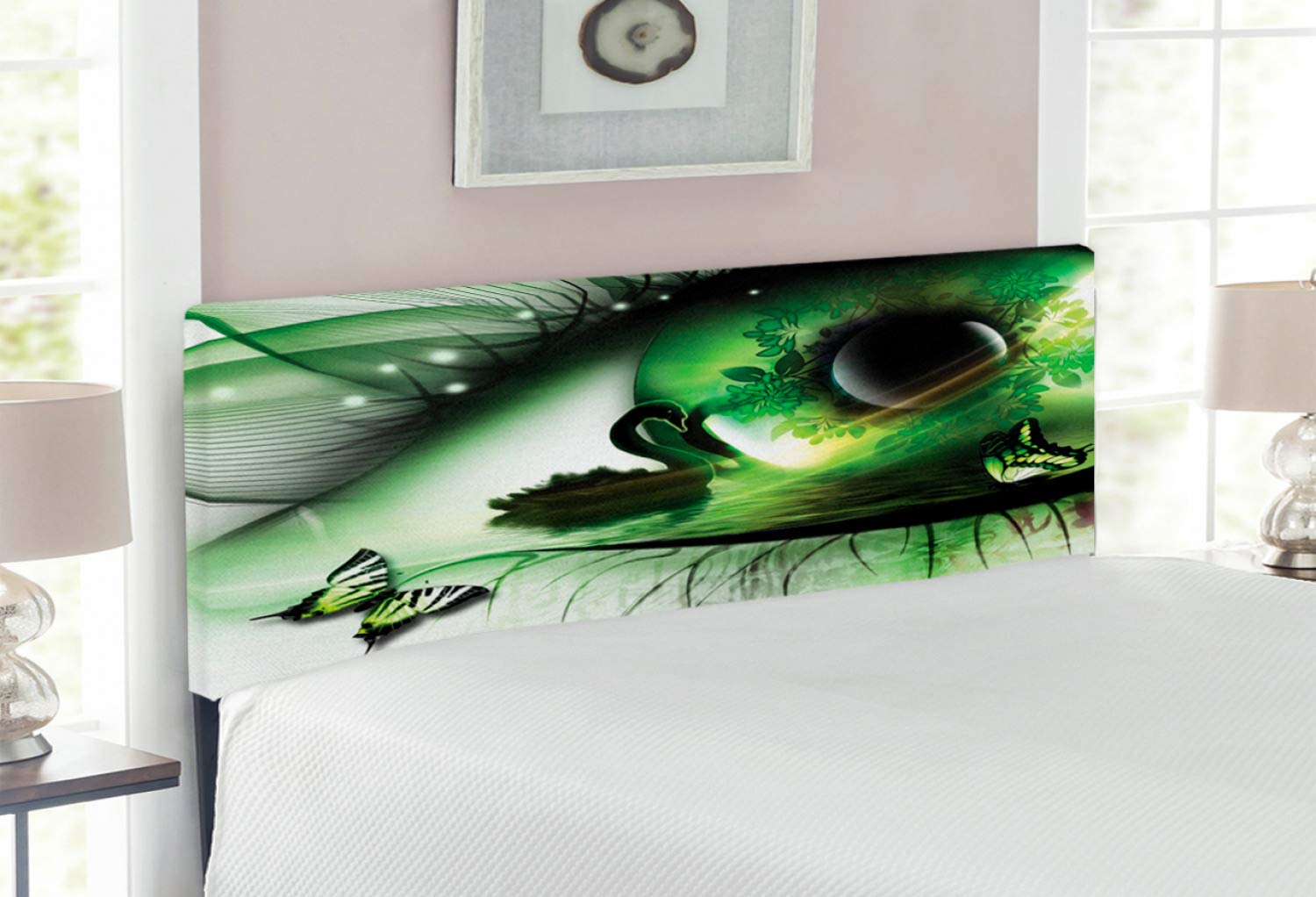 Ambesonne Abstract Upholstered Headboard - Surreal Swan & Butterflies Artwork, Decorative Metal Bed Frame with Memory Foam (Full Size, Green Black White) for Modern Bedroom Decor