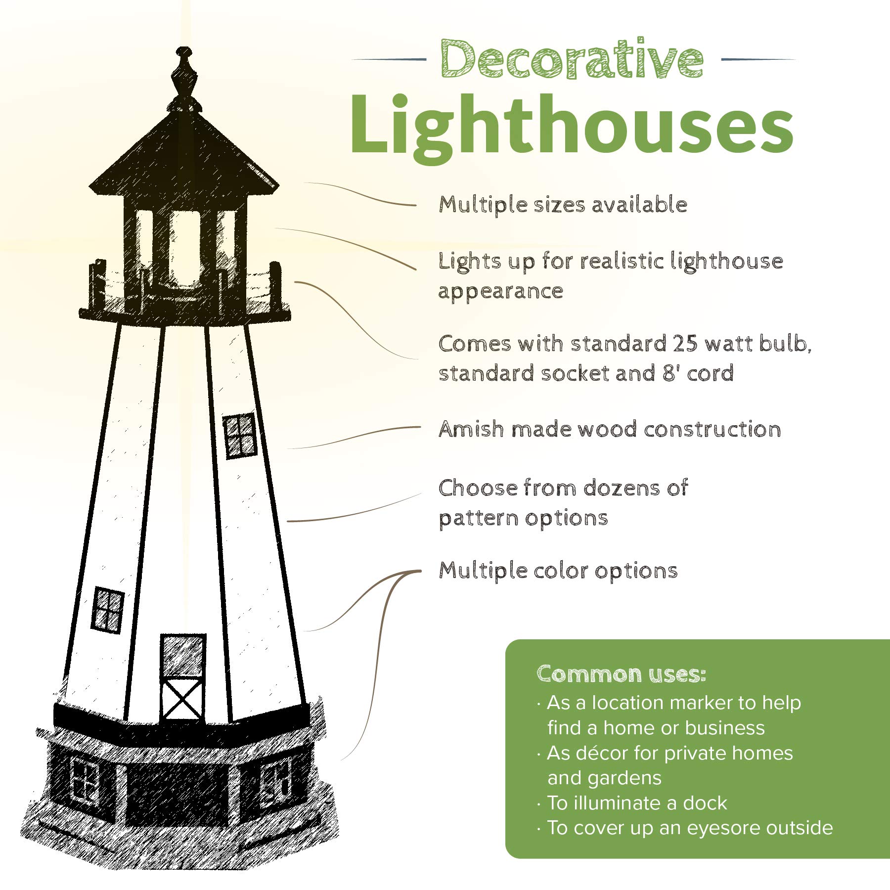 Amish-Made Light Up Wooden Lighthouse - 2' Outdoor Decorative Garden Statue for Cape Hatteras NC, Black & White - Perfect for Coastal Yard Decor & Nighttime Ambiance