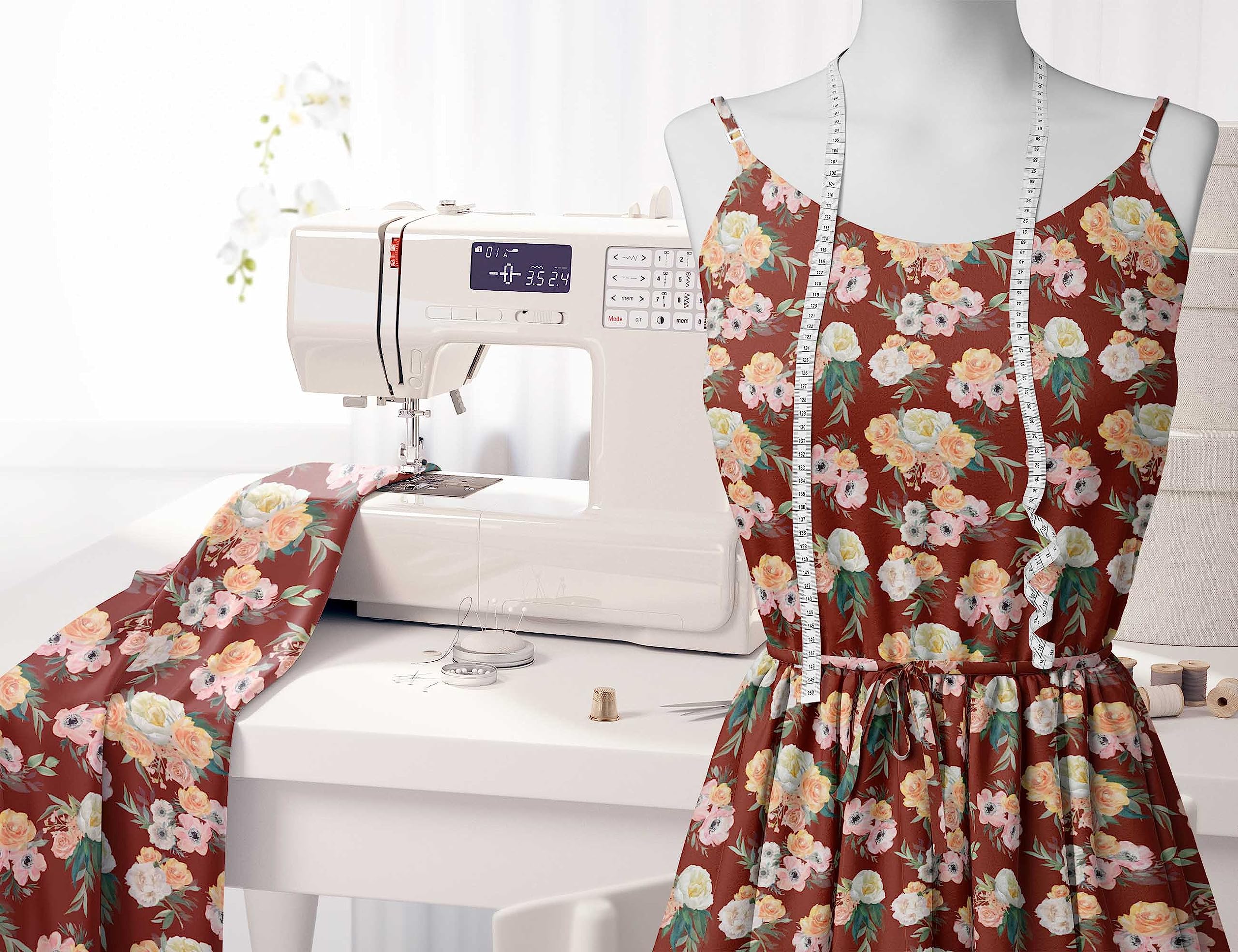 Soimoi Moss Georgette Red Fabric by The Yard - 42 Inch Wide Floral Printed Fabric with Anemone & Begonia Design - Lightweight Drapeable Material for Dresses, Scarves, Curtains and DIY Fashion Projects
