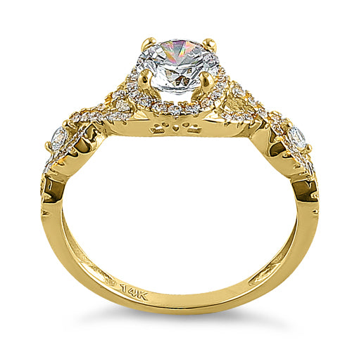 14K Yellow Gold Regal Twist Halo Round Cubic Zirconia Engagement Ring for Women - Perfect for Proposals, Anniversaries & Special Occasions