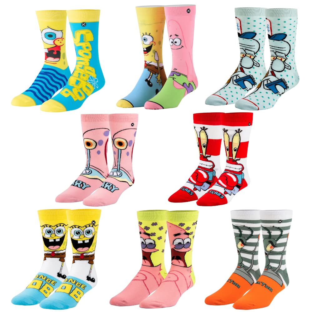 Odd Sox Nickelodeon SpongeBob Cartoon Socks Gift Box Set - 8 Pairs of Fun & Colorful Novelty Socks for Men Women Kids - Perfect for Cosplay, Gifts, and Cartoon Lovers