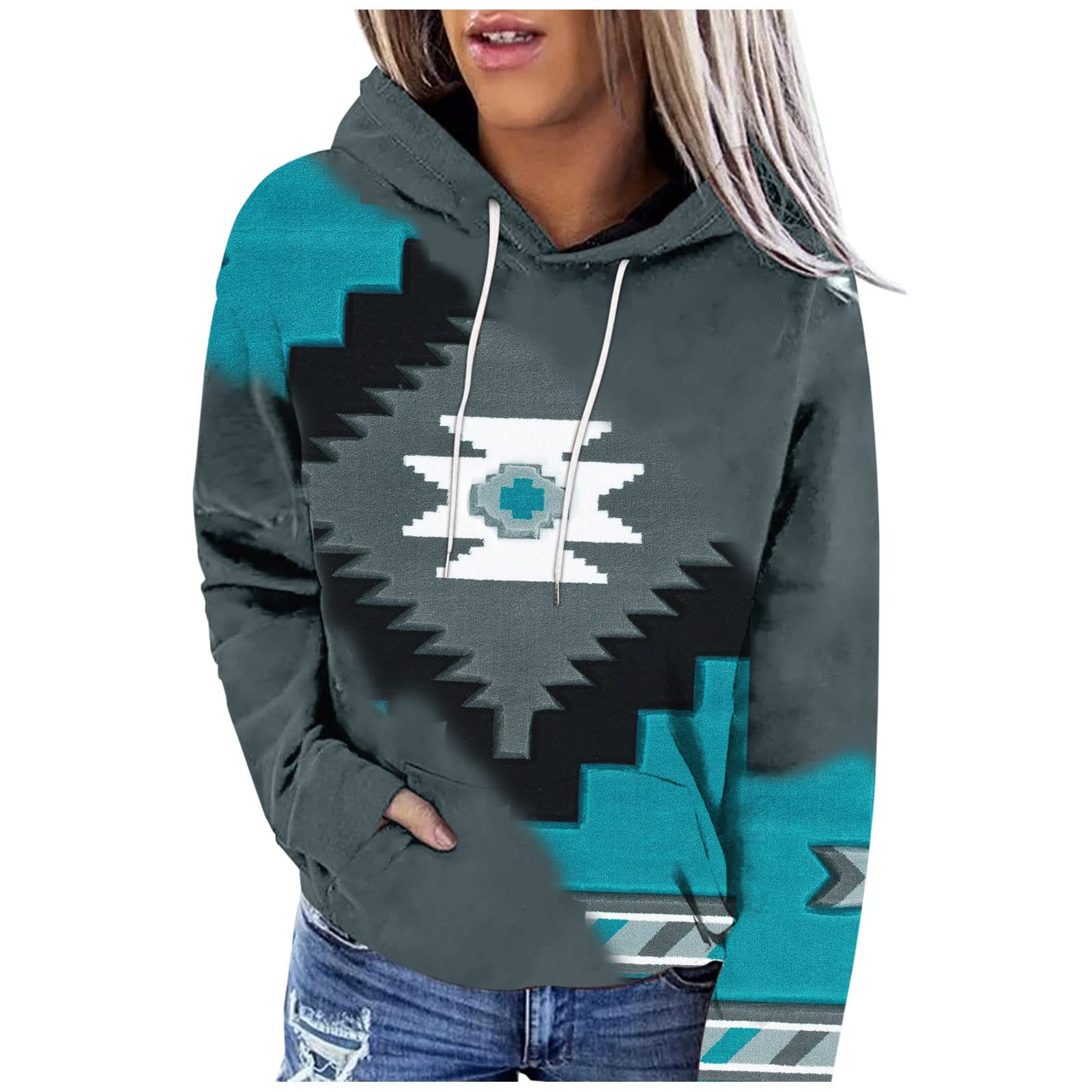 Ceboyel Women's Aztec Print Hoodie - Vintage Western Graphic Pullover Sweatshirt, Drawstring Casual Fall Tops for Outdoor Adventures and Cozy Evenings