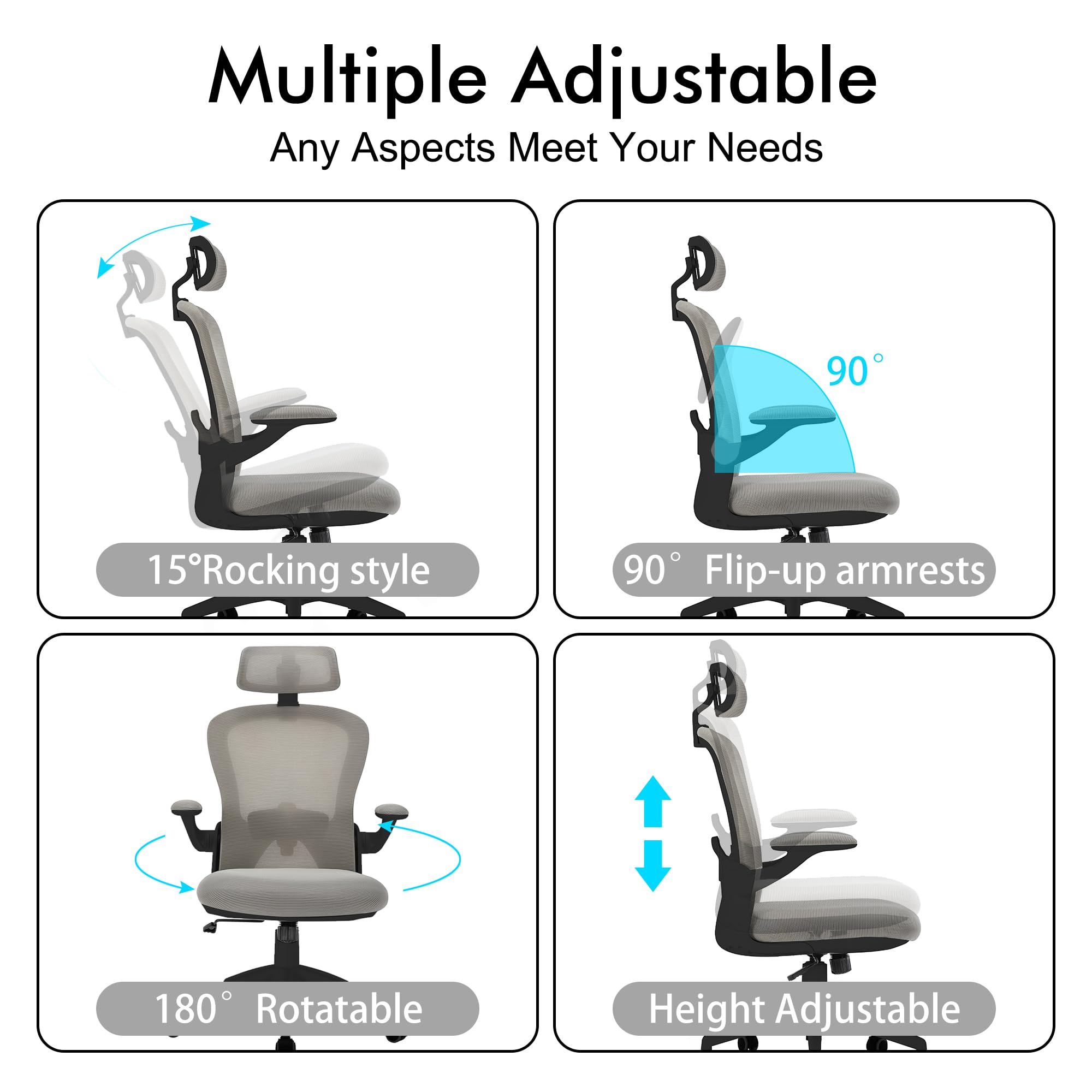 Ergonomic Office Chair with Adjustable Lumbar Support & Headrest - Breathable Mesh Desk Chair with Adjustable Arms & Wheels - Home Office Computer Chair for Long Hours Work (Black) - Perfect for Remote Work, Gaming & Study Sessions