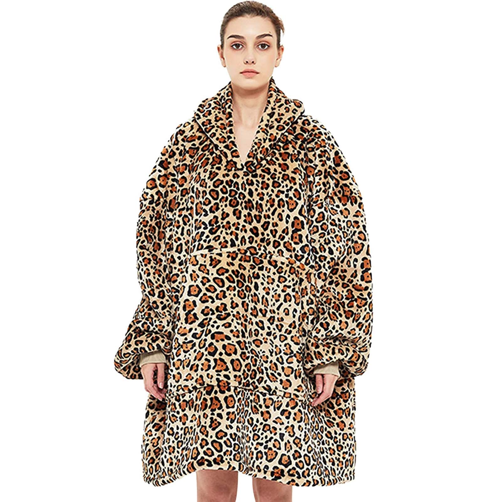 Cozy Wearable Blanket Hoodie - Oversized Fuzzy Fleece Sweatshirt with Pockets for Adults, Women & Men | Warm Loungewear for Home, Camping & Outdoor Activities (Leopard Print)