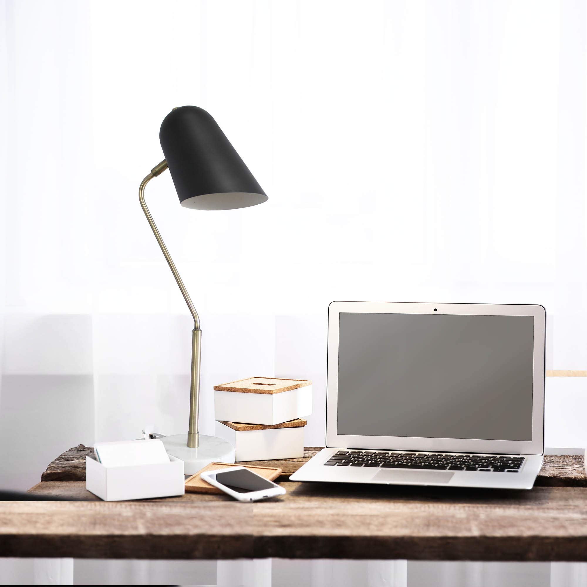 Vintage Industrial Desk Lamp - 24 Inch Adjustable LED Light with Antique Brass, Matte Black & Marble White Finish (LHD-5058-AB) | Perfect for Home Office, Study Room & Reading Nook Lighting