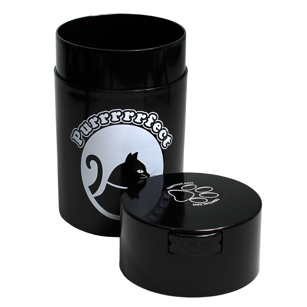 Pawvac 6 Ounce Vacuum Sealed Pet Food Storage Container with Black Cap & White Cat Design - Keep Dry Food Fresh for Cats & Small Dogs - Perfect for Kitchen Counter, Pantry or Travel Use