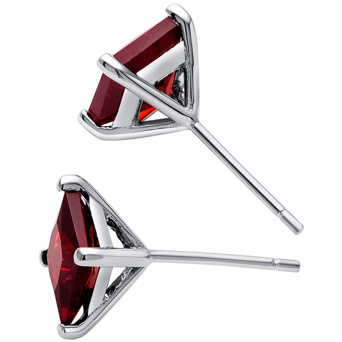Peora 14K White Gold Genuine Red Garnet Stud Earrings for Women - 6mm Princess Cut, 2.75 Carats Total, Friction Back - January Birthstone Jewelry - Perfect for Everyday Wear, Gifts & Special Occasions