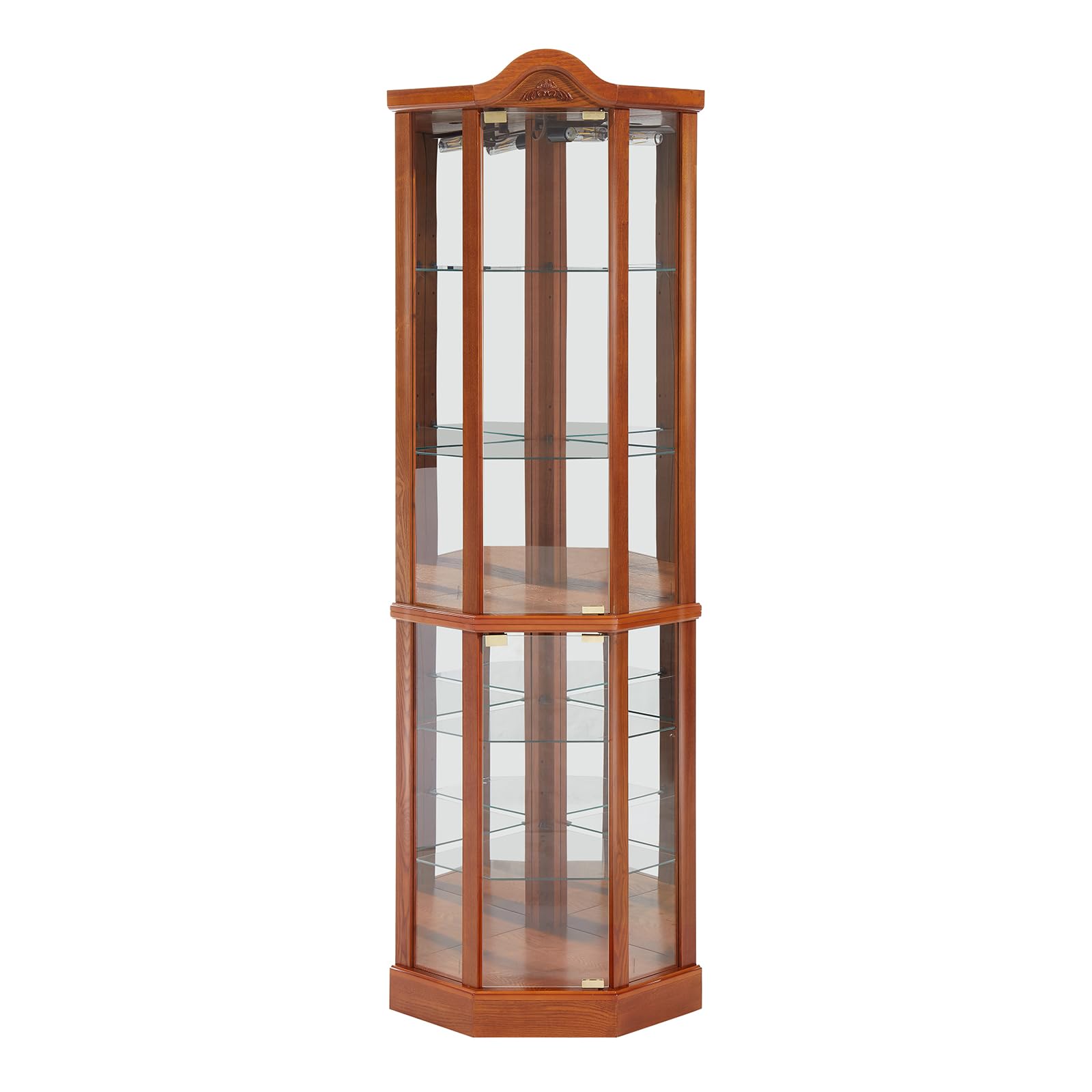 Lighted Corner Curio Cabinet with Tempered Glass Doors - Solid Wood China Hutch for Living Room Display, Bar & Liquor Storage - Arched Oak Shell (Perfect for Showcasing Collectibles, China Sets & Home Decor)