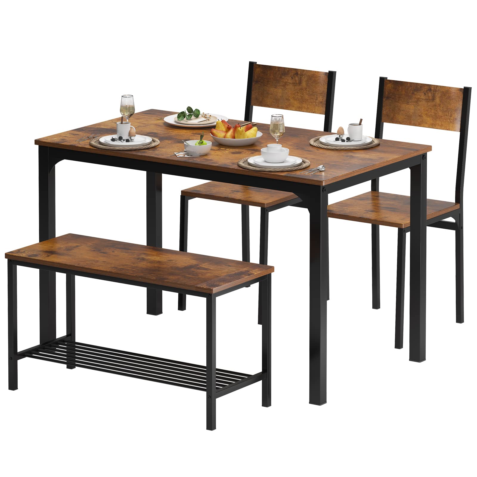 Soges 4-Piece Dining Table Set with 2 Chairs & Storage Bench - 43.3 Inch Rustic Brown Kitchen Table for 4 - Space-Saving Nesting Furniture for Dining Room, Kitchen, Restaurant & Small Apartments - Perfect for Family Meals, Entertaining Guests & Compact Living Spaces