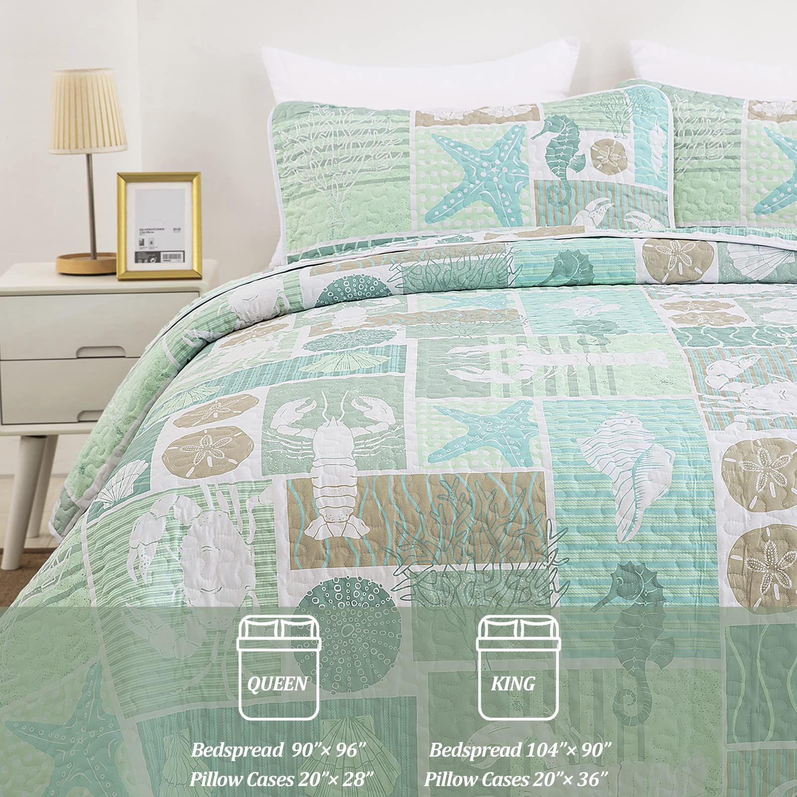 DJY Green Quilt Set Queen Size - Soft Reversible Microfiber Coastal Beach Theme Bedspread with 2 Pillow Shams (3-Piece All Season Bedding, 90x96 Inches) - Perfect for Beach House, Guest Room & Coastal Decor