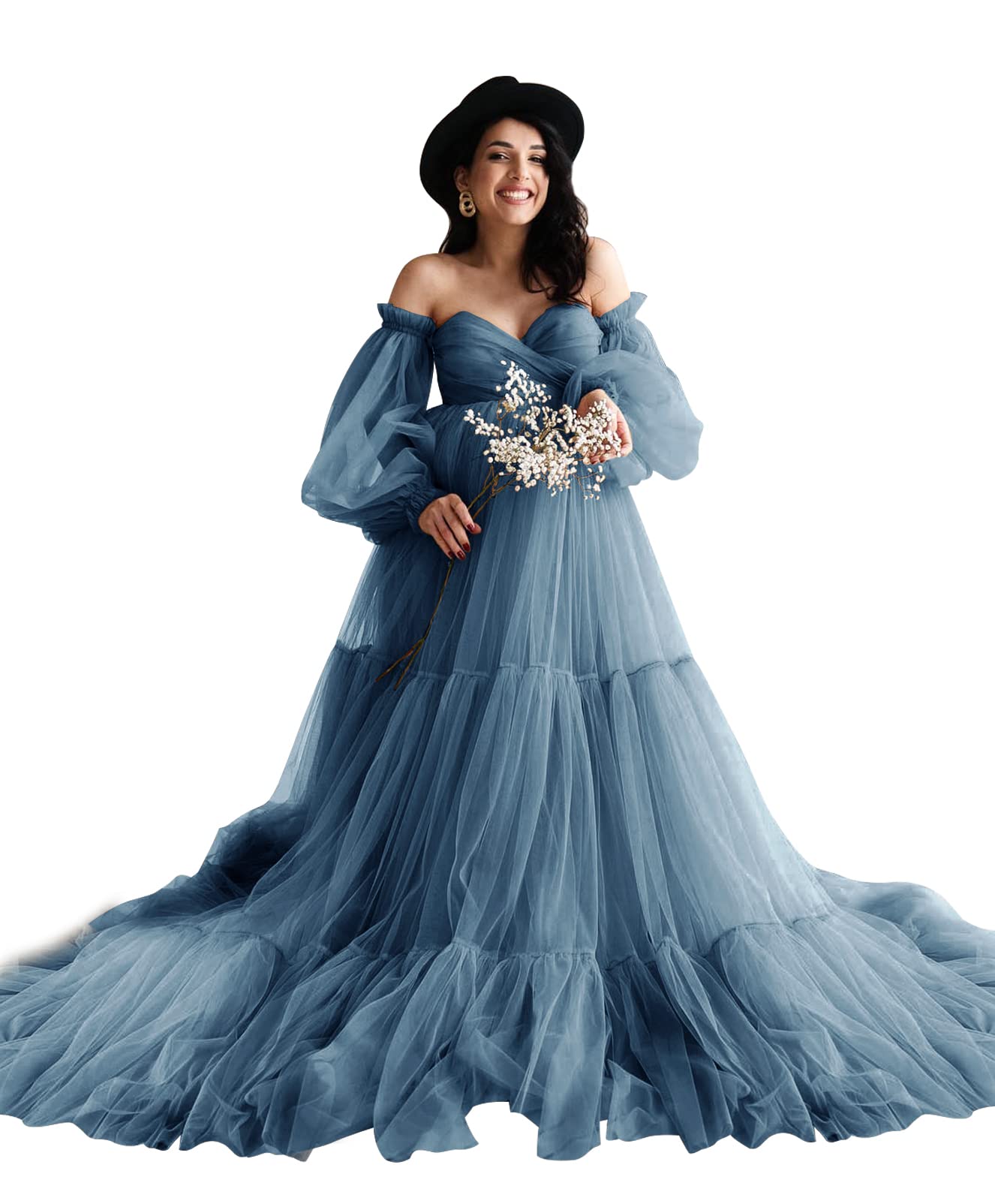 Sheer Fluffy Tulle Maternity Robe - Elegant V-Neck Bridal Lingerie for Baby Shower, Pregnancy Photoshoot & Wedding Gowns | Soft Long Robe for Moms-to-Be, Brides & Special Occasions