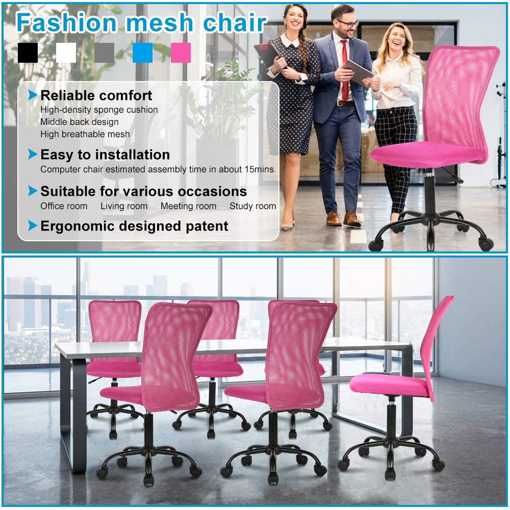 Ergonomic Mesh Office Chair - Adjustable Height Mid Back Swivel Rolling Desk Chair for Home & Student Workspaces, No Armrest Modern Task Chair with Wheels (Pink) - Perfect for Small Offices, Gaming & Study Areas