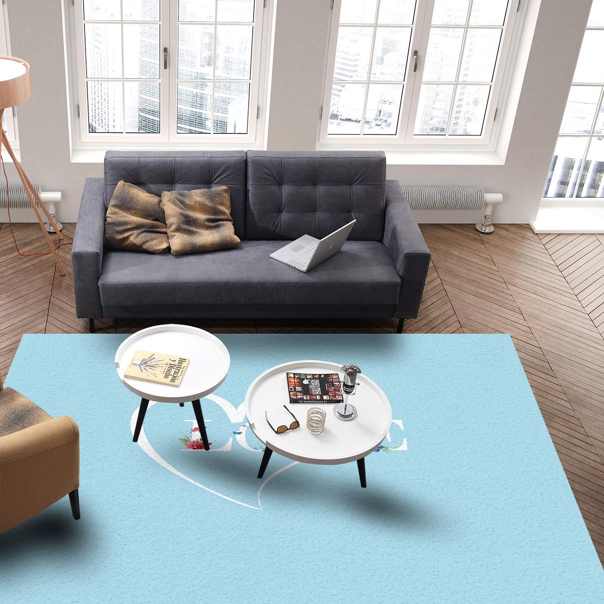 Modern 4x6 Feet Blue and White Floral Heart Lettering Area Rug - Soft Non-Slip Decorative Carpet for Bedroom, Living Room, Dorm | Perfect for Home Decor, Wedding Gift & Nursery Floor Matting