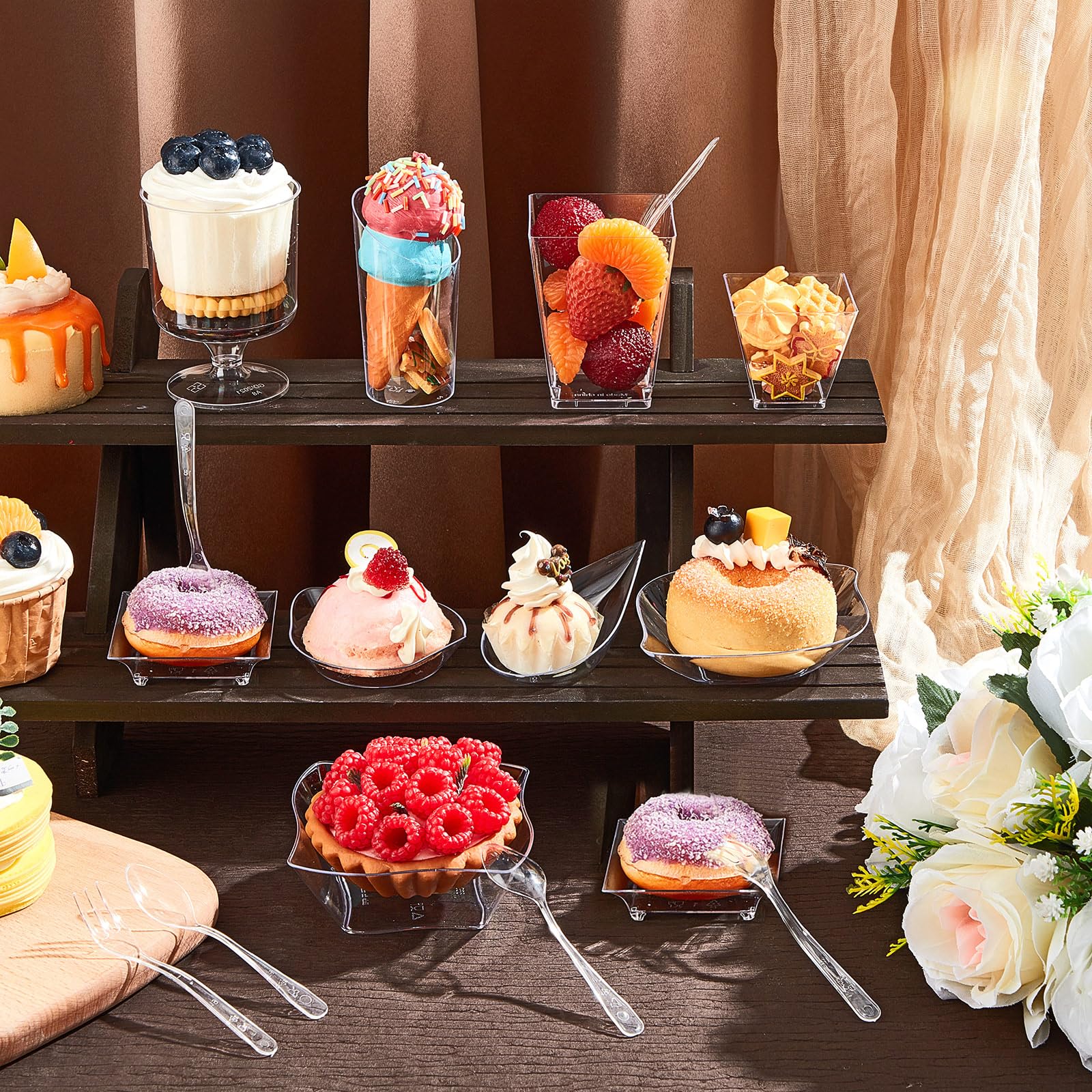160-Piece Mini Clear Plastic Appetizer Plates & Dessert Cups Set with Spoons & Forks - Disposable Party Serving Supplies for Weddings, Birthdays, Catering (Assorted Shapes)