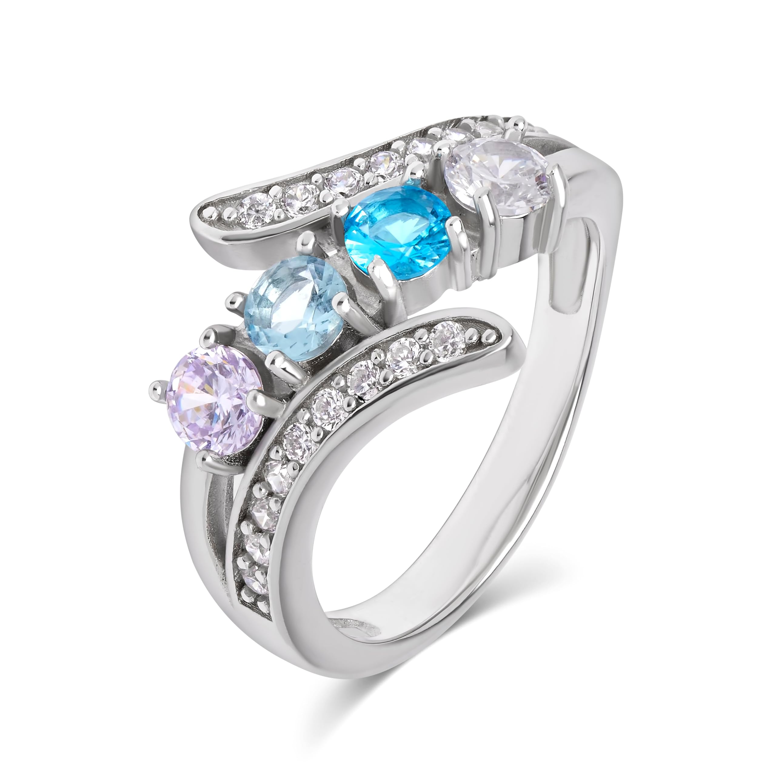 EVE'S ADDICTION Women's Sterling Silver Custom 4 Stone CZ Bypass Birthstone Ring - Personalized Mother's Jewelry Gift for Mom - Size 5-9 - Perfect for Mother's Day, Birthday & Anniversary Celebrations