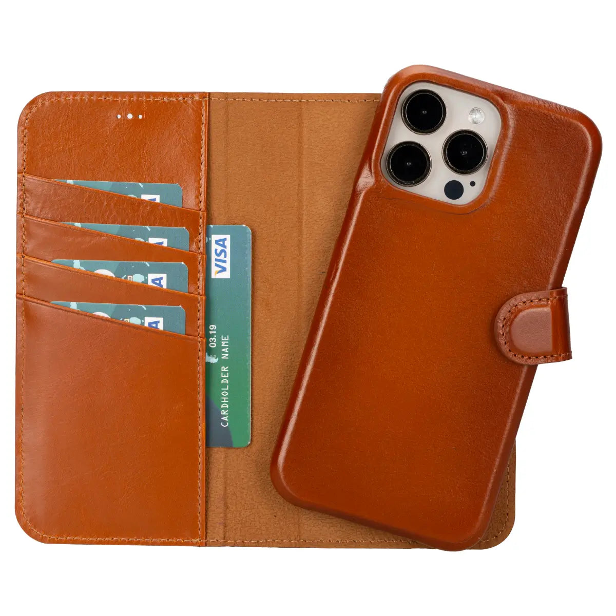 Premium Burnished Tan Leather iPhone 15 Pro Max Wallet Case - Slim Protective Cover with Card Slots | Perfect for Business, Travel & Everyday Use