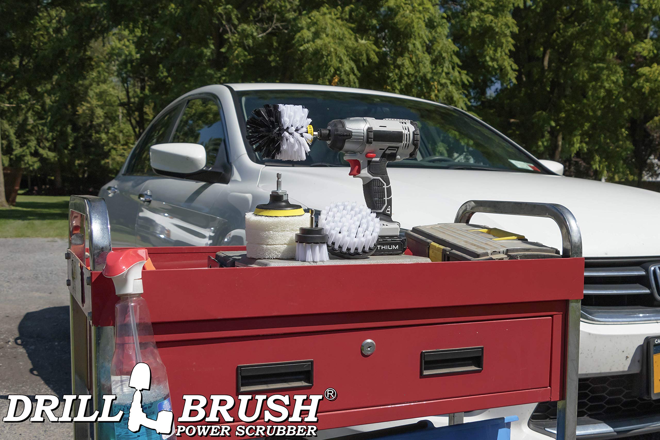 Drillbrush Rotary Drill Brush Set - Cordless Scrubber for Auto Detailing, Upholstery & Bathroom Cleaning | Includes Drill Brush Pads & Shower Door Cleaner | Perfect for Car Detailing, Home Deep Cleaning & Tile Grout Scrubbing