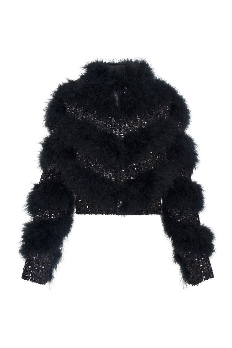 Curran Sequin Feathered Jacket for Women | Glamorous Party Blazer with Sparkle & Feather Trim | Perfect for Evening Events, Weddings & Night Out