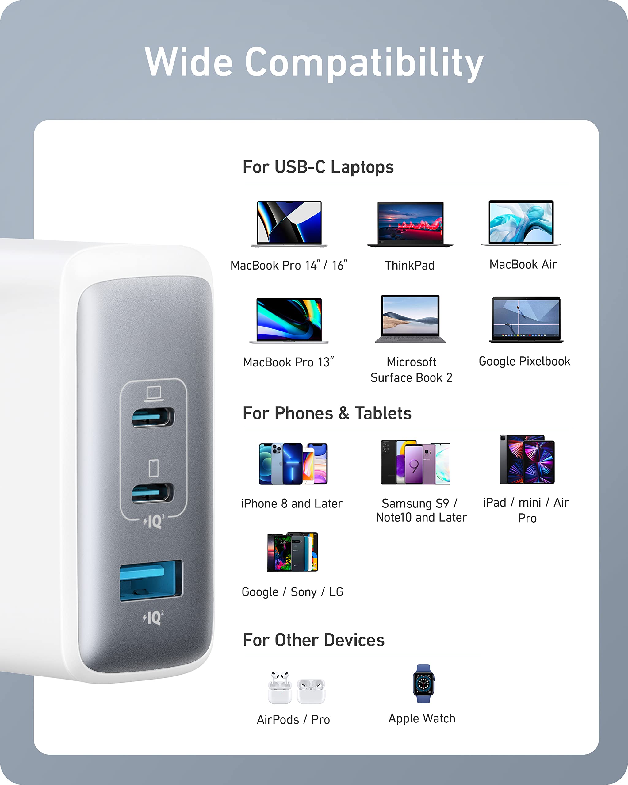 Anker 100W USB C GaN II Fast Charger - 3-Port Compact Wall Charger for MacBook, Dell XPS, iPad Pro, Galaxy S24, iPhone 16/15 - Perfect for Travel, Office & Home Charging Multiple Devices Simultaneously