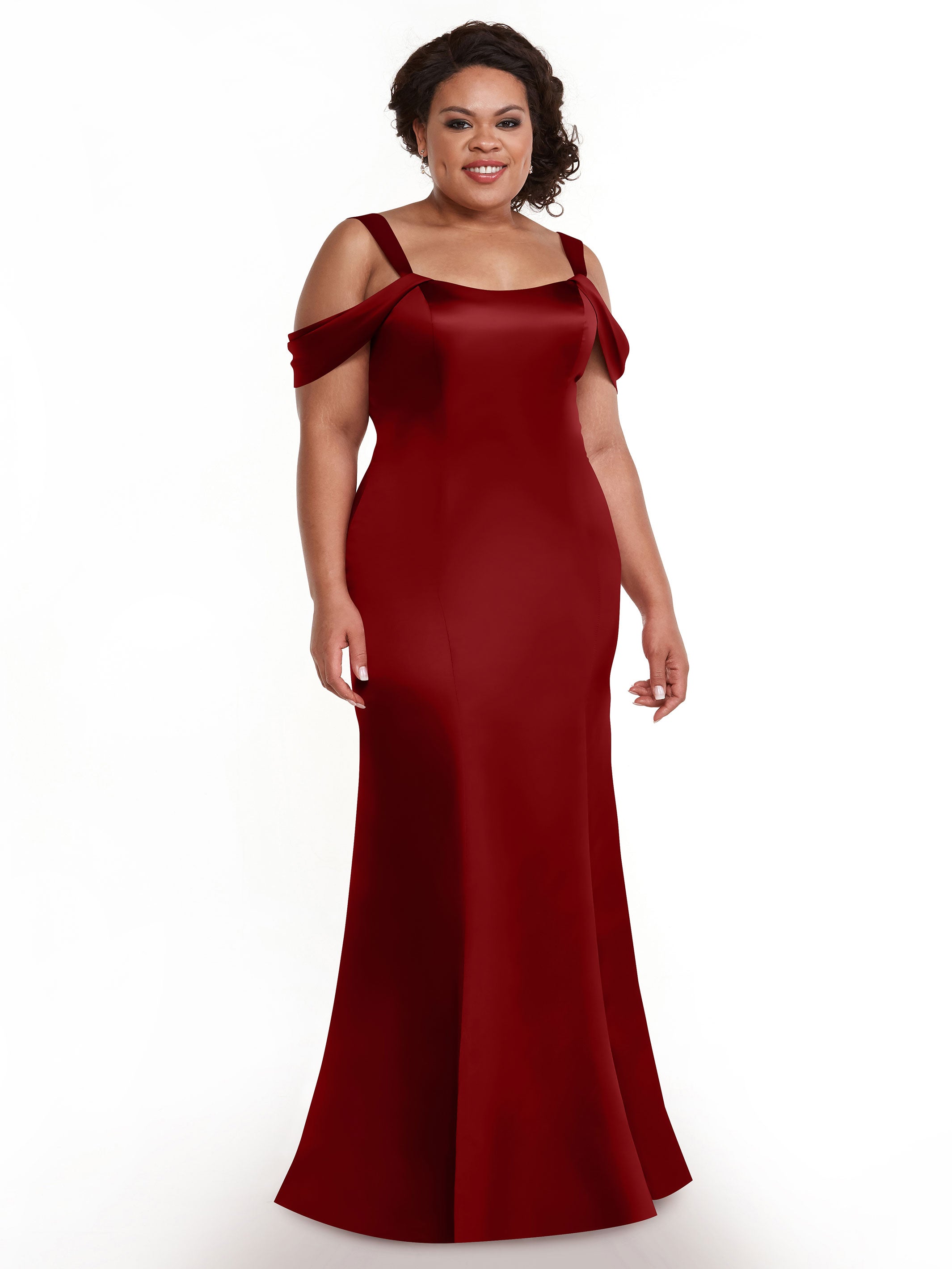 Elegant 80151 Fitted Satin Bridesmaid Dress with Off-The-Shoulder Sleeves - Perfect for Weddings, Formal Events & Special Occasions
