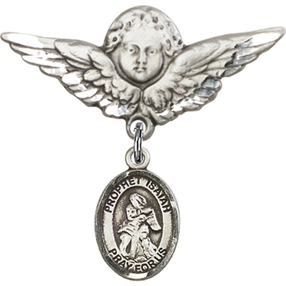 St. Isaiah Sterling Silver Baby Badge with Angel Wing Charm - 1 1/8 Inch Religious Pin for Christening, Baptism & First Communion Gifts - Perfect for Newborn Blessings & Religious Ceremonies