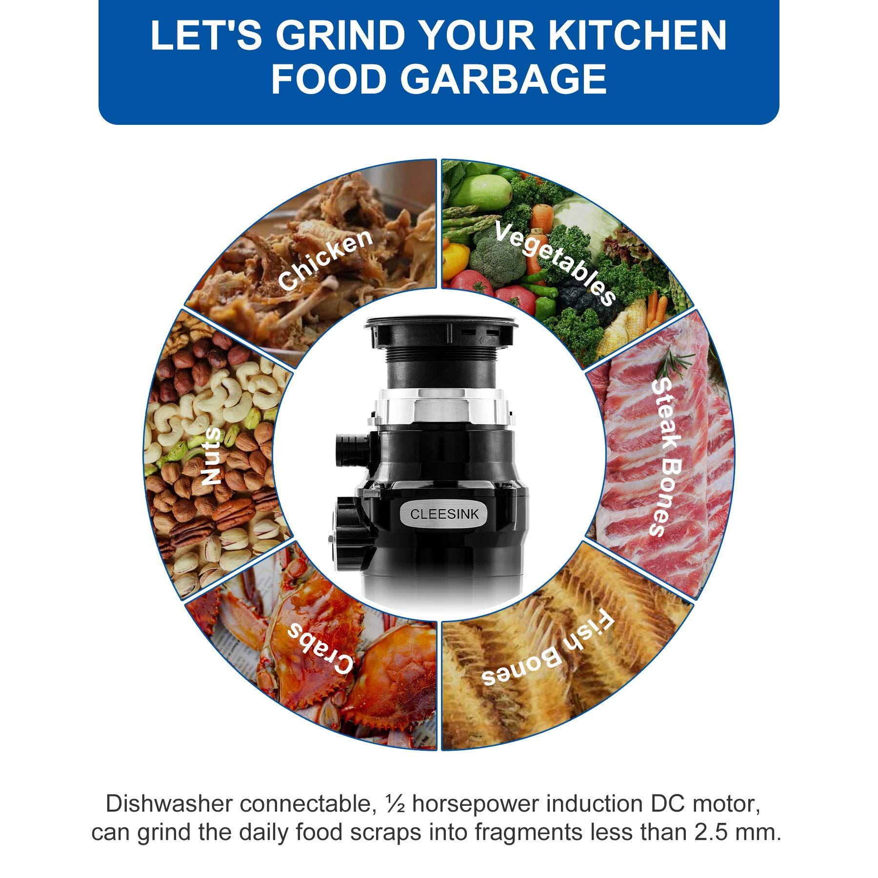 CLEESINK 1/2 HP 390W Continuous Feed Garbage Disposal with Permanent Magnetic DC Motor - 1L High Efficiency Food Waste Disposer with Power Cord (JD390-B2) - Perfect for Kitchen Sink Waste Management & Eco-Friendly Home Use