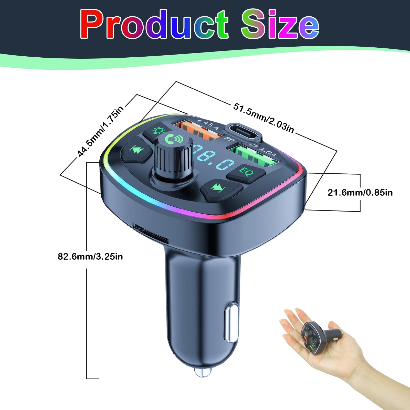 Bluetooth 5.3 FM Transmitter for Car with Dual USB-C Fast Charger | Wireless Radio Adapter | Hi-Fi Bass Sound & Hands-Free Calling | USB Drive Support & Ambient Lighting | Perfect for Road Trips & Commuting