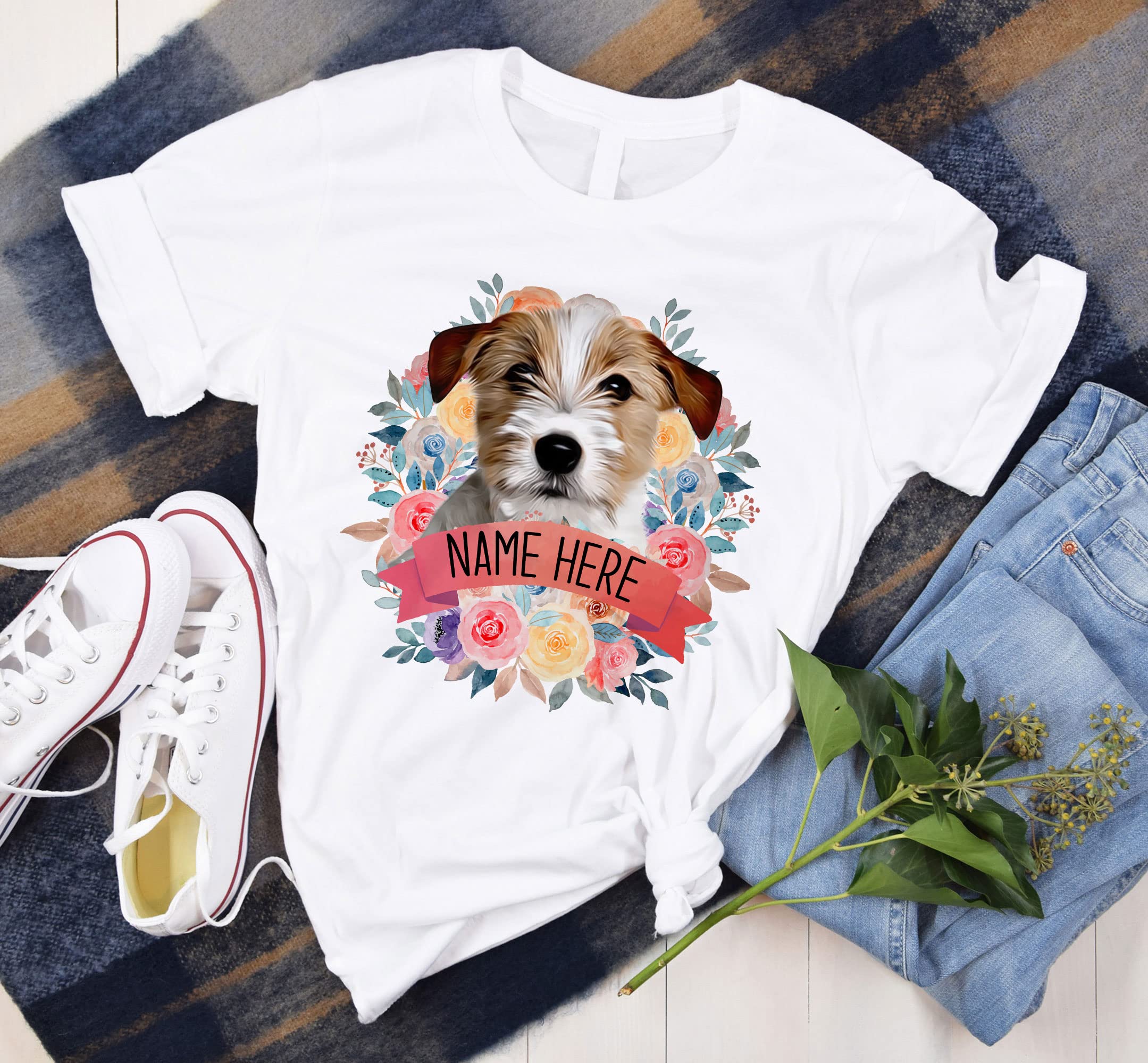 Personalized Jack Russell Terrier T-Shirt | Funny Dog Lover Birthday Gift | Cute Watercolor Flower Design Custom Shirts for Women & Girls | Short Sleeve Letter Print Tee | Perfect for Dog Walks, Pet Owner Parties & Casual Wear