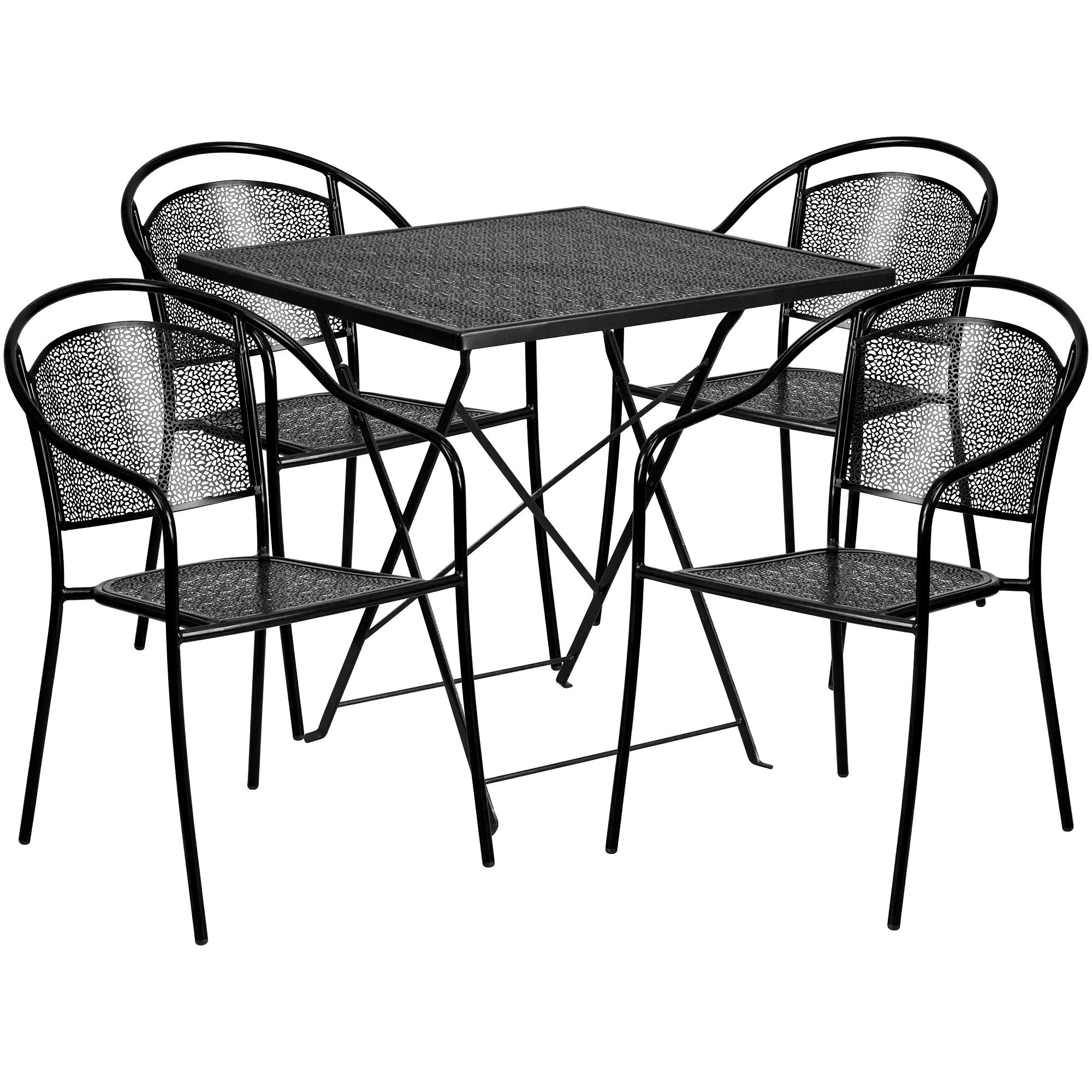F&F Furniture 5-Piece Black Square Outdoor Patio Set with Folding Table & Round Back Armchairs - Perfect for Garden, Deck, Poolside & Backyard Relaxation