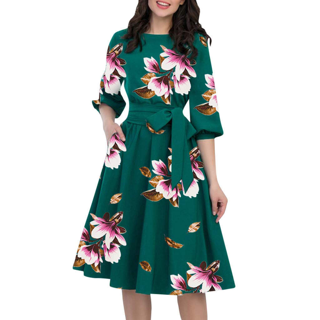 Elegant Women's A-Line Dress with O-Neck, Sashes, and Pockets - Knee-Length Casual Sleeve Dress for Women | Perfect for Office, Parties, and Everyday Wear