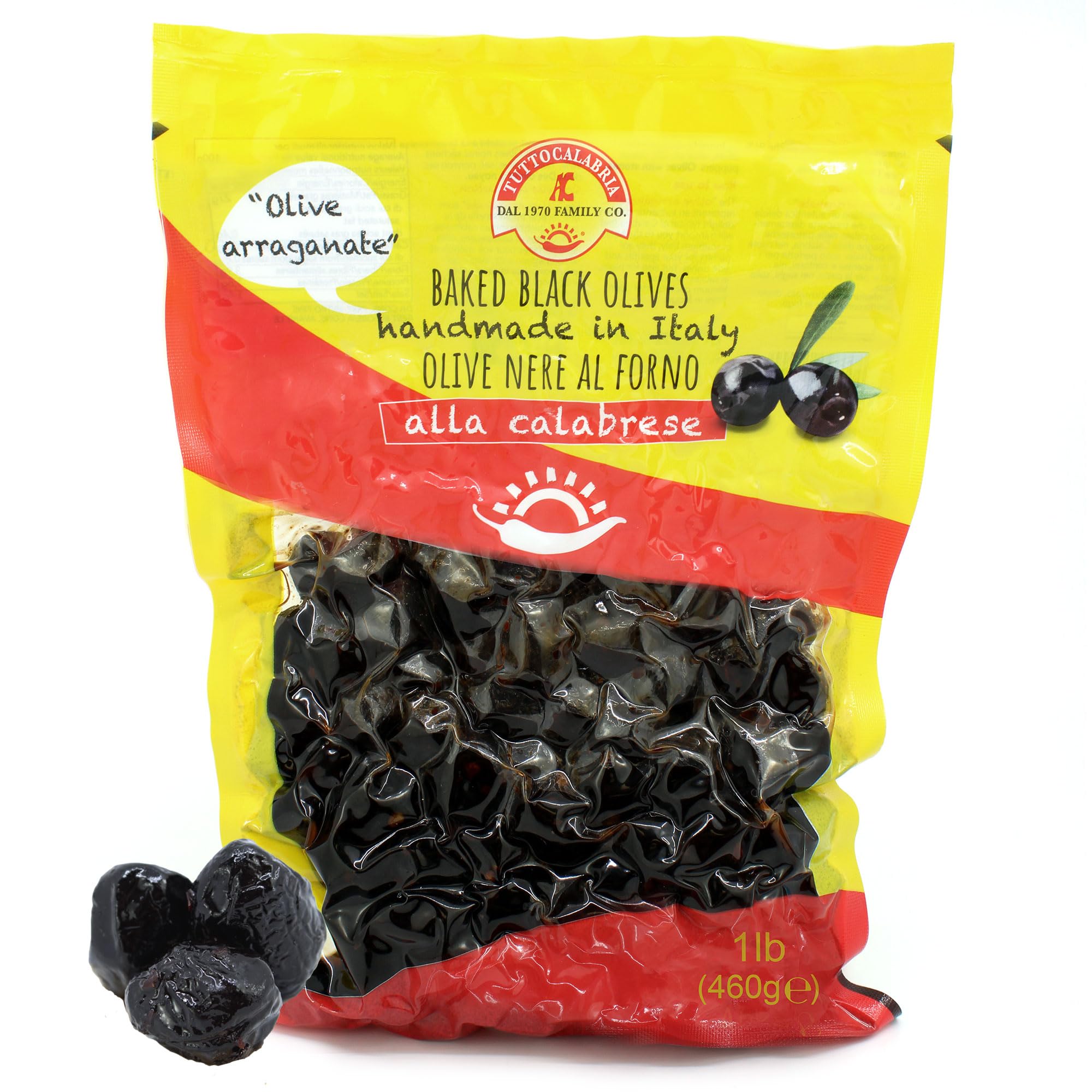 TUTTO CALABRIA Baked Oven Roasted Black Olives with Pits, Semi Dried Black Olives, 460g (16.22oz) - Authentic Italian Calabrian Olives al Forno, Handmade in Calabria | Perfect for Charcuterie Boards, Salads & Mediterranean Recipes